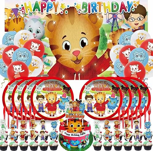 Daniel Tiger suministros para fiesta de cumpleaños de tigre platos de decoración de cumpleaños globos pancarta cubiertos de plástico cuchillos