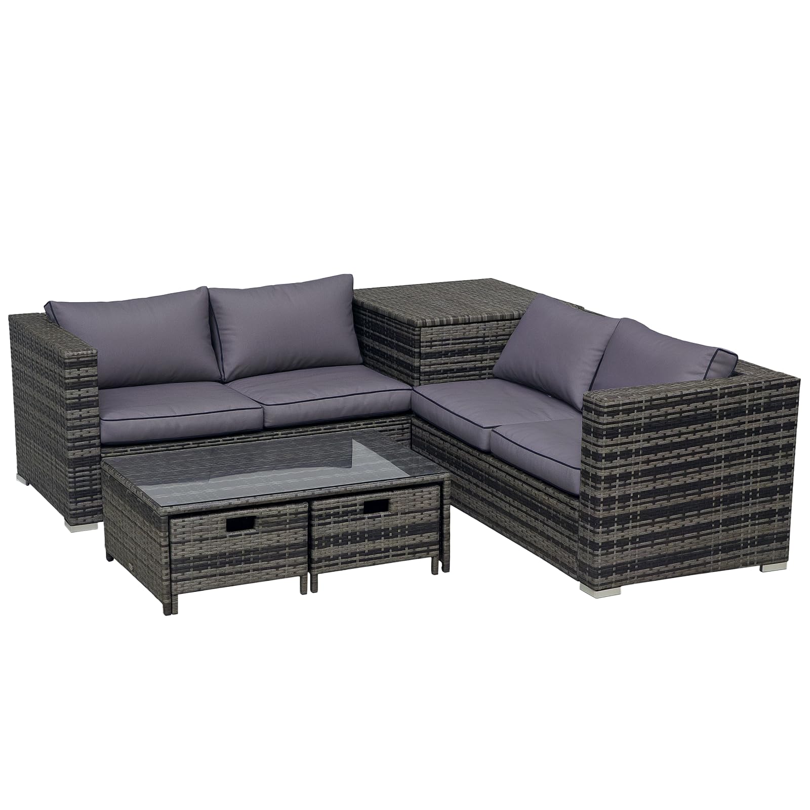 Outsunny 4 Pieces Rattan Garden Furniture Set, 4 Seater Corner Sofa Set with Storage Box, 2 Drawers Coffee Table, Loveseats with Cushions, Wicker Garden Conservatory Furniture for Balcony, Grey
