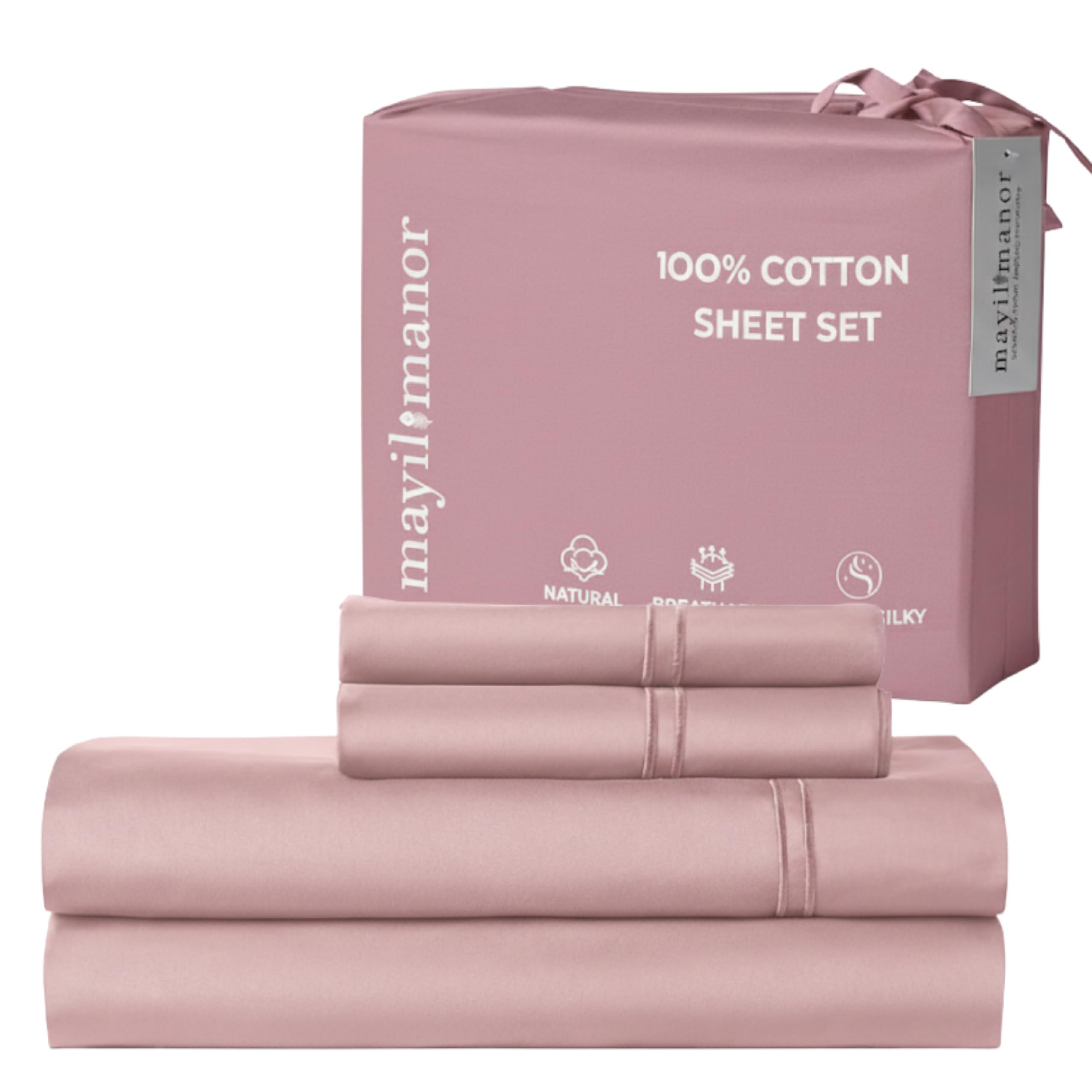 100 Natural Cotton Sheets Queen Size Bed Set 500 TC Single-Ply Sateen Weave Soft Breathable Hypoallergenic Solid 4-Piece