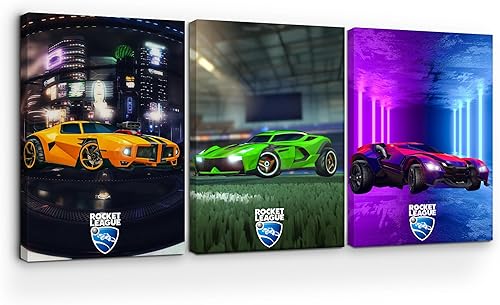 Juego de arte de pared en lienzo de Rocket League de 3 a 16 x 24 pulgadas, impresión HD y marco de madera, decoración de pared moderna para regalo,