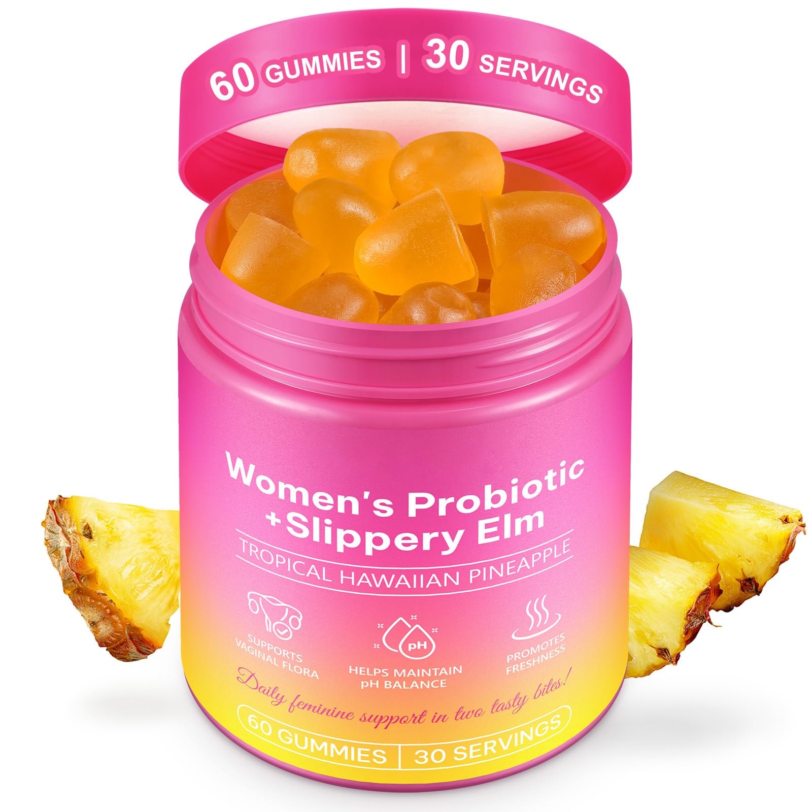 Feminine Probiotics Gummies, 60 Gummies Premium Feminine Balance Probiotics Pineapple Flavor Vaginal Probiotics for Women Gummies Feminine Vaginal Health Supplement with Slippery Elm for PH Balance