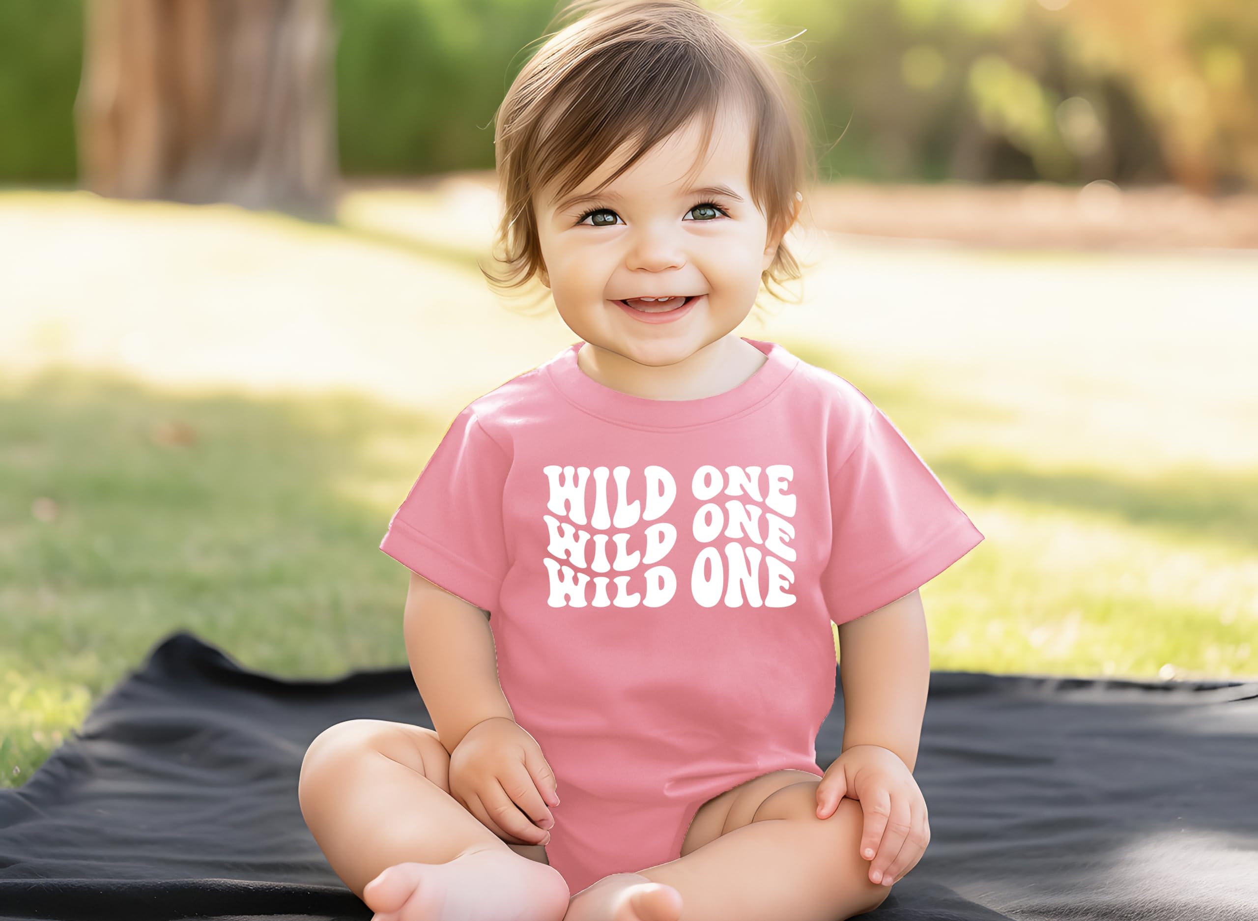 Wild One 1st Birthday Shirt for Baby Girl or Boy One Year Old Wavy Retro Birthday White on Mauve Shirt 12 Months
