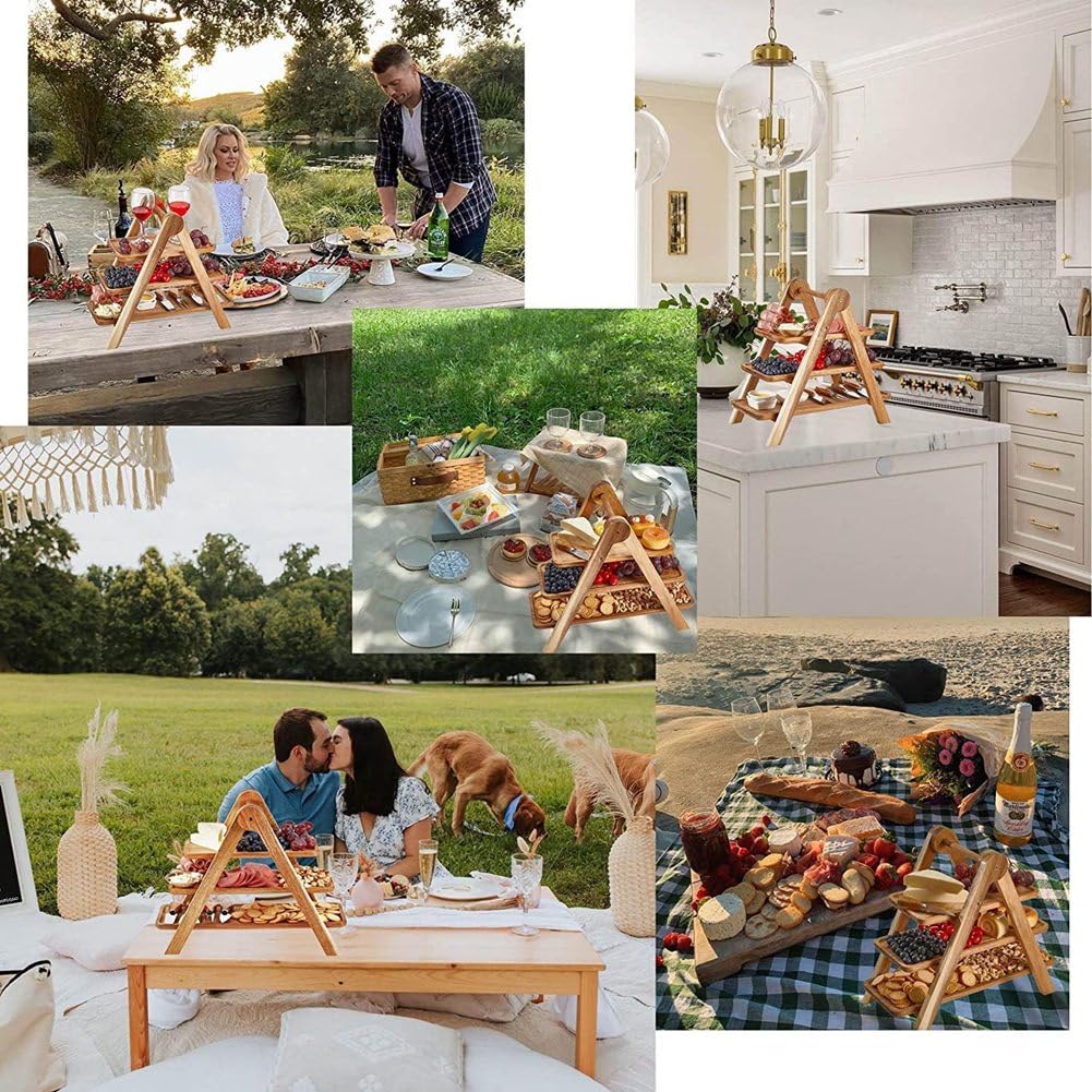 Fivetwofive Plateau à 3 niveaux en bois, plateau à étages, pour gâteaux, plateau à étages, style pays, plateau pour fêtes, assiettes et plateaux de service