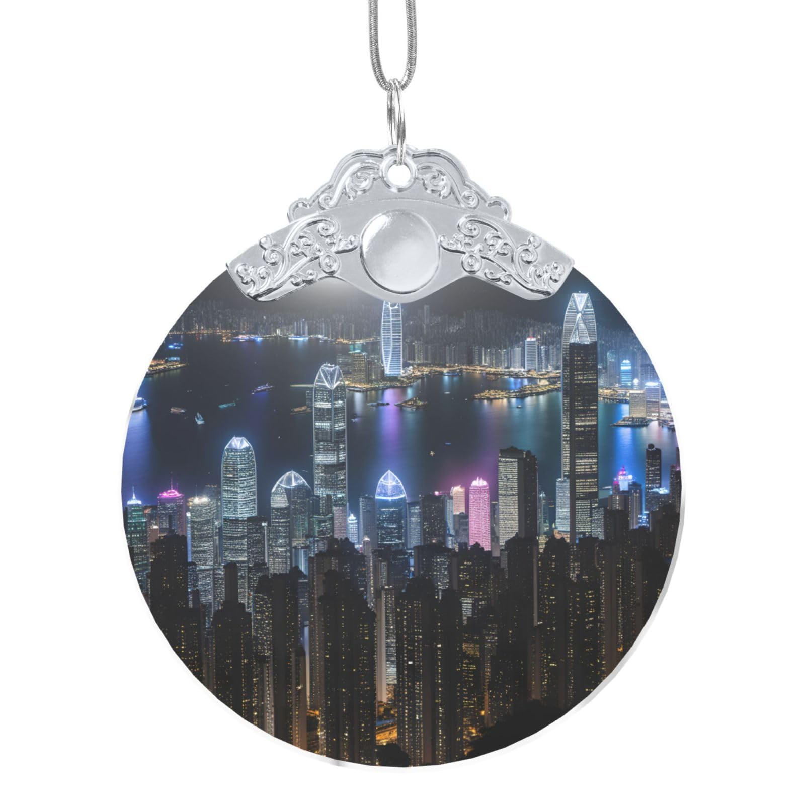 Sdegtho Silver Aerial Night Of View Hong Kong Christmas Ball Ornament With Hook, 3.3 Inch Glass Decoration With Full Wrap Printing