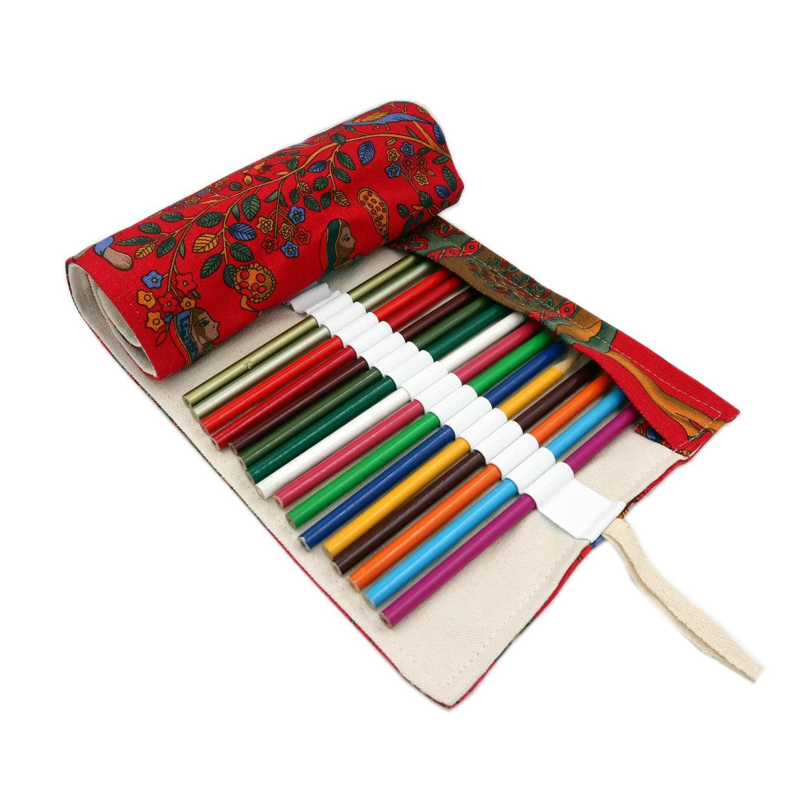 Lumsburry 36/72 Slots Coloured Pencils Wrap Roll-up Portable Pencils Bag Pouch for Artists Students Painters (Red Tree, 72-Slot)