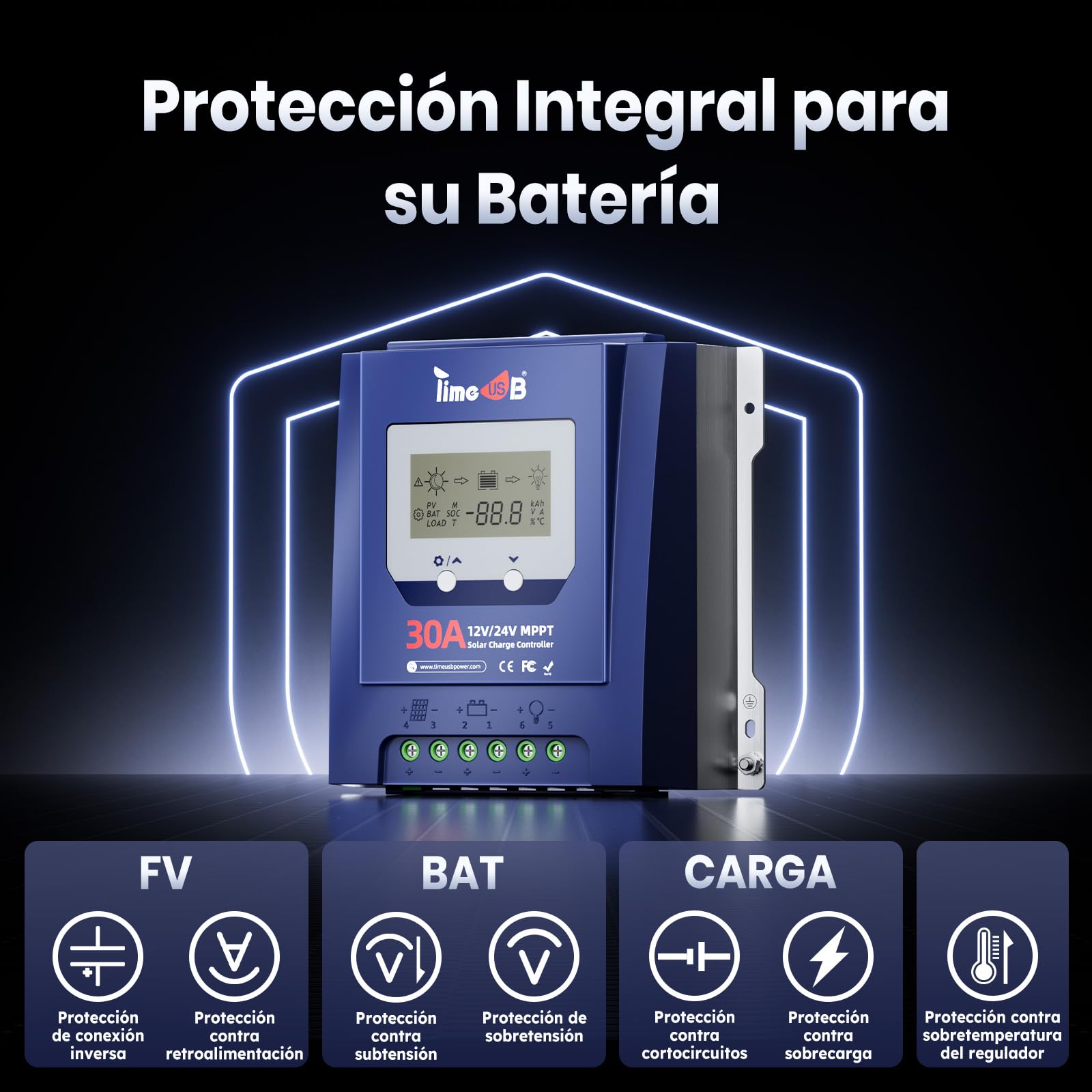 Timeusb Regulador de Carga Solar MPPT 12V 24V 30A para Batería LiFePO4 | Reconocimiento Automático,Entrada FV Máx. 50V,99% de Seguimiento,Controlador de Carga con Pantalla LCD para Plomo-ácido