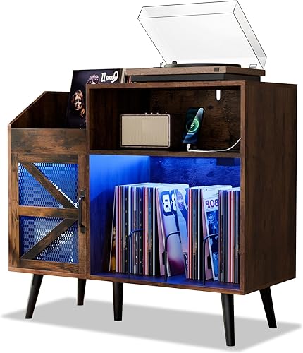 Miniatura 1 de Soporte rústico grande para tocadiscos con puerta magnética, armario de almacenamiento de discos de vinilo 350, mesa de tocadiscos con toma de