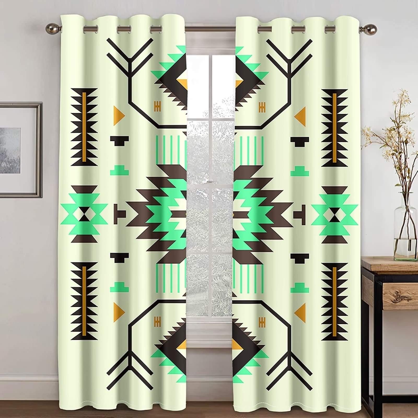 Rideau occultant imprimé occultation totale beige vert motif ethnique