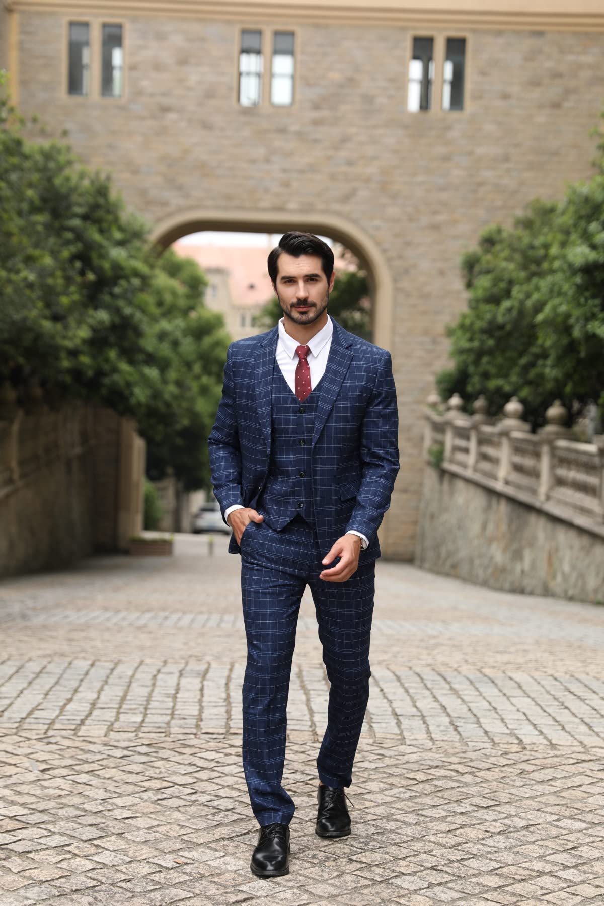 Allthemen Dres męski, garnitur w kratkę, slim fit, 3-częściowy, marynarka, biznesowa, na wesele