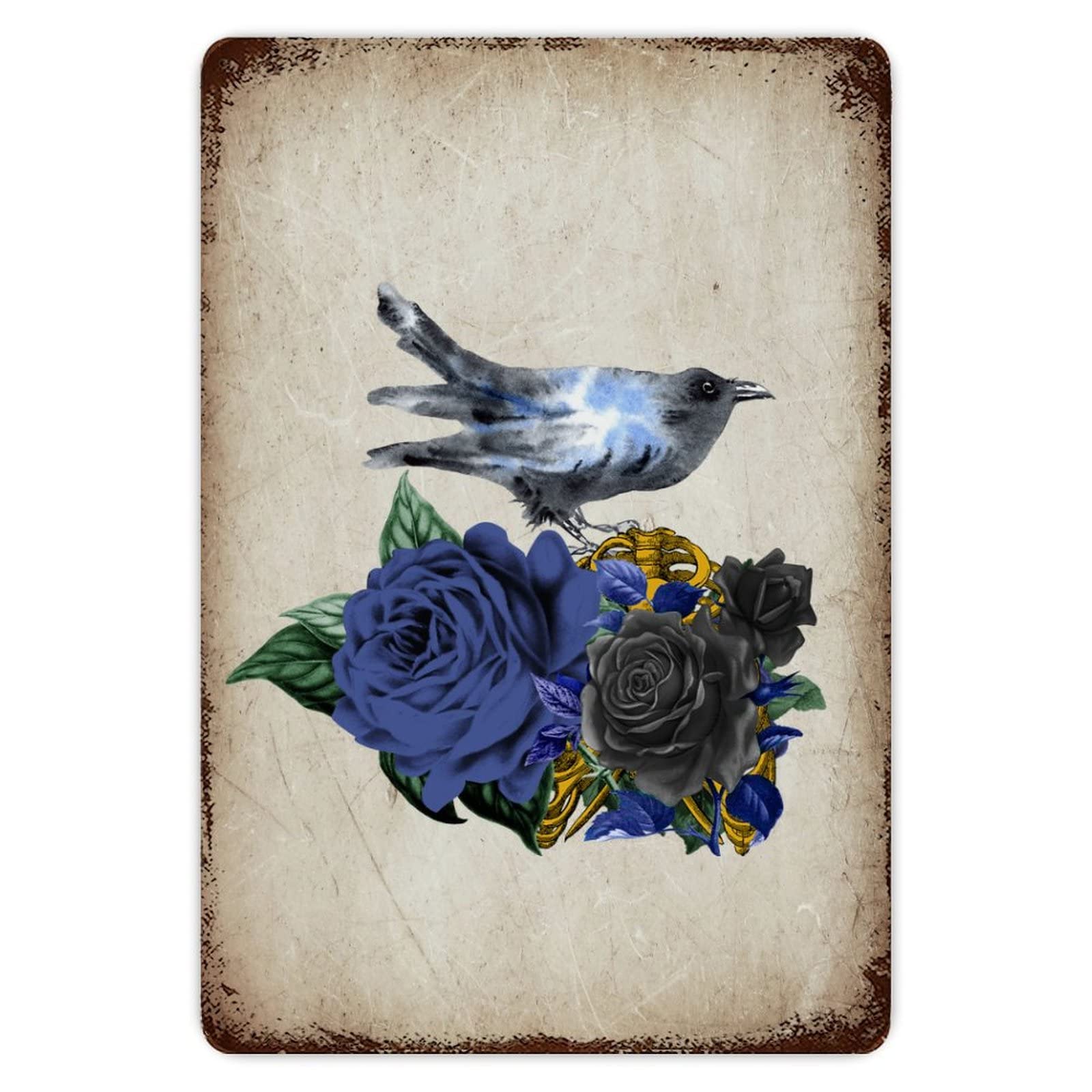 ENEDNATE Farmhouse Man Cave Metal Sign Happy Halloween Crow Skull Rose Flower Retro Aluminum Tin Metal Signs for Indoor & Outdoor Yard Office Kitchen Living Room Door Home Décor 8x12 Inch