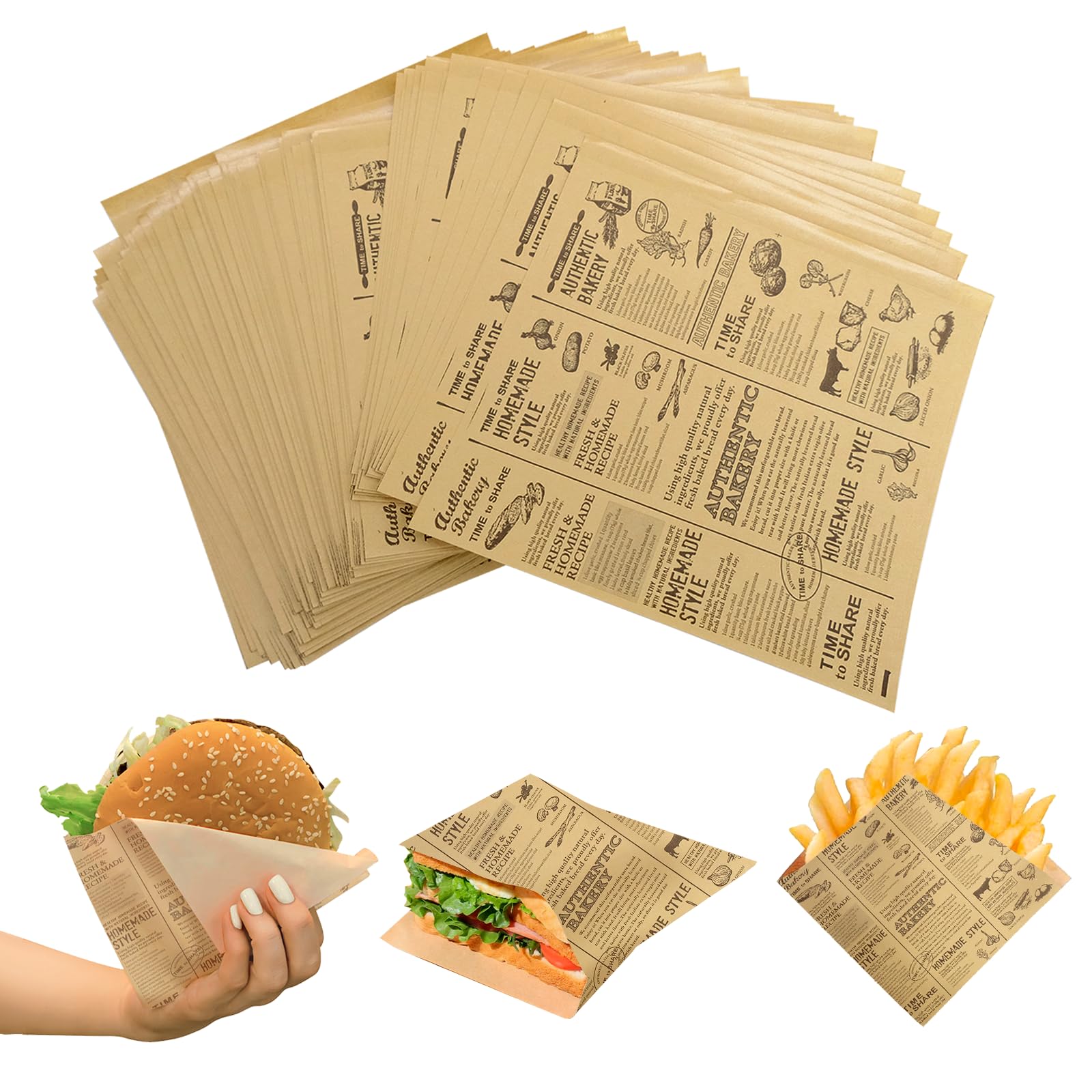 JJQHYC 150 Pieces Sandwich Bags 18x18cm Non-Stick Greaseproof Paper Bags, Paper Food Bags for French Fries, Burger, Snacks, Takeaway