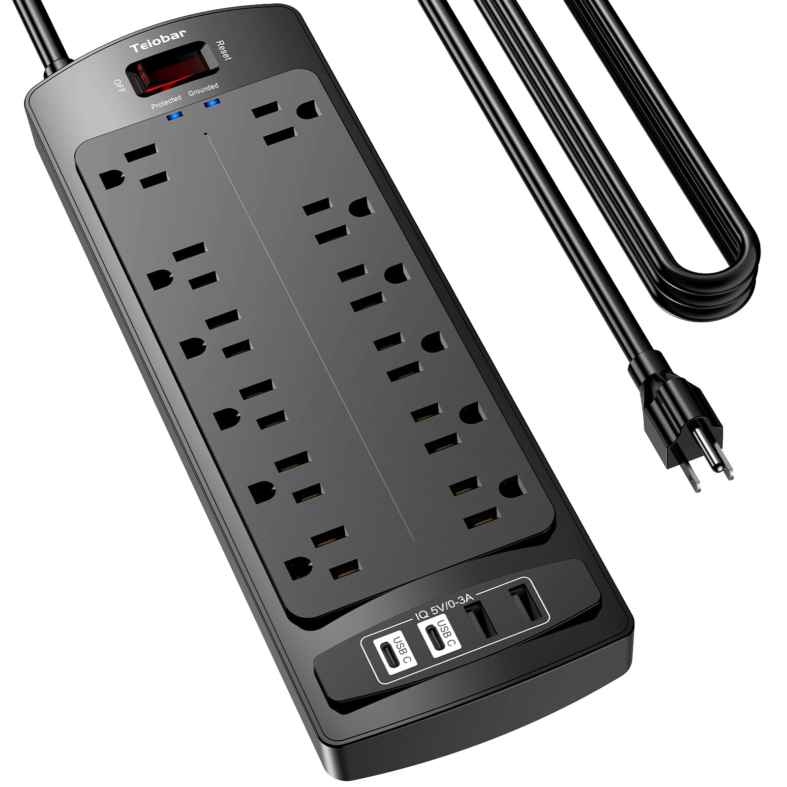 4.6m(15피트) 연장 코드 파워 스트립, Teiobar 서지 프로텍터, AC 콘센트 12개 및 USB 포트 4개, 가정, 사무실, 기숙사 필수품용, 2700줄, ETL 등록, 블랙