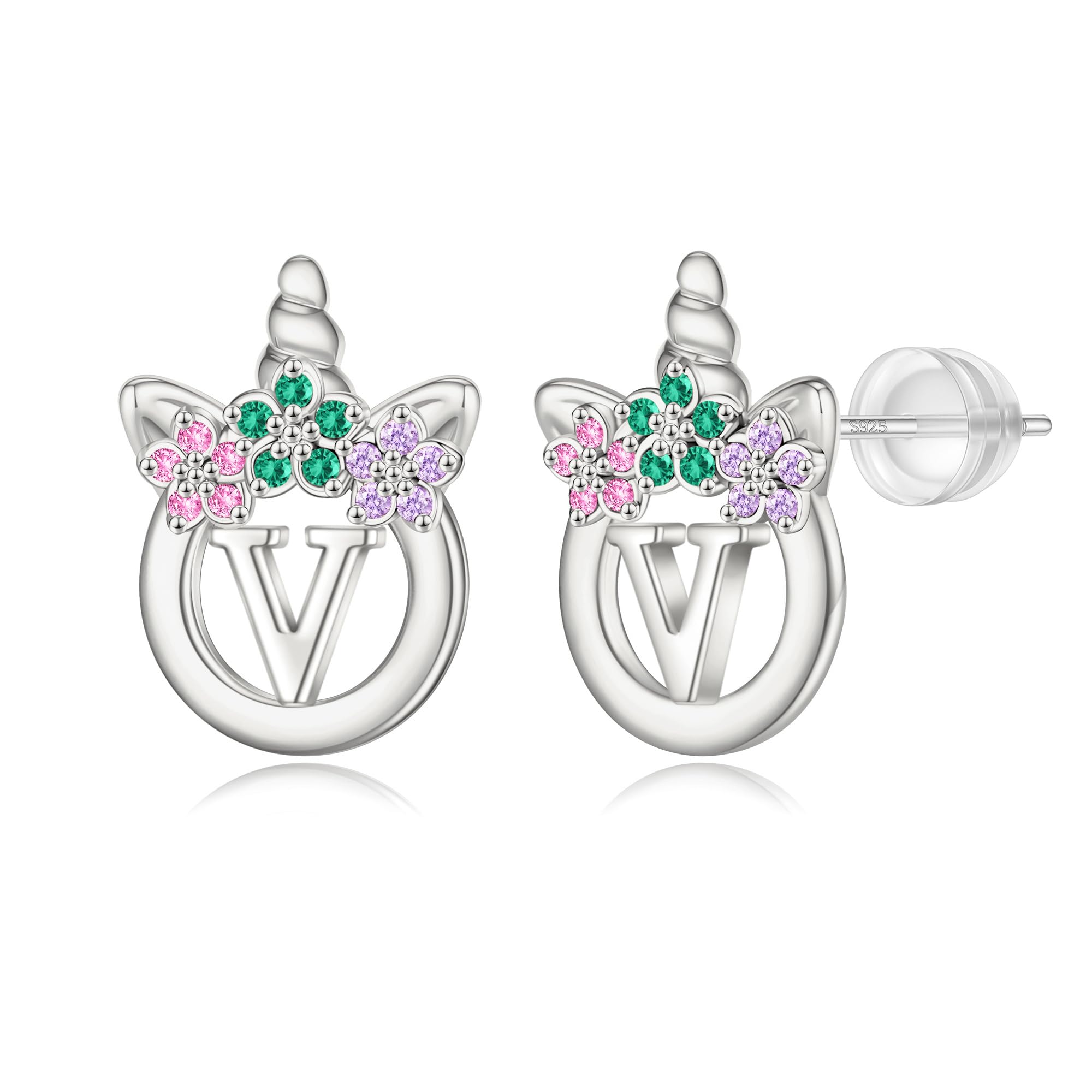 Unicorn Earrings Gifts for Girls - 925 Sterling Silver Stud Earrings Hypoallergenic Initial Unicorn Earring for Girls Kids Jewelry CZ Birthday Gifts