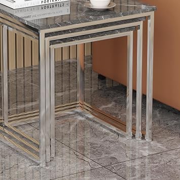 Rainbow Tree Set of 3 Grey Marble Nesting Coffee Tables for Living Room, High Gloss Nest of 3 Nested Tables Sofa Side Table Coffee Table End Tables Square Space Saving