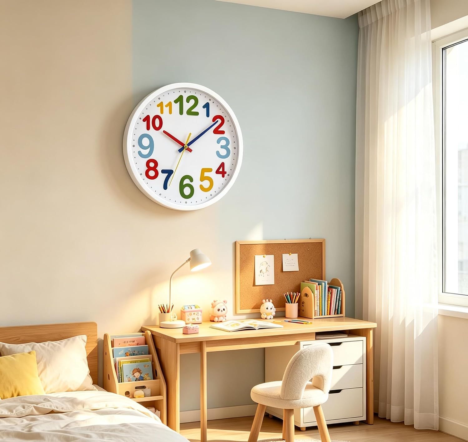 9 Inch Kids Silent Wall Clock, Non-Ticking Battery Operated Quartz Analog Clock, Ideal for Kids Room, Living Room, Classroom, Nursery, Studying Room, Playroom image 4