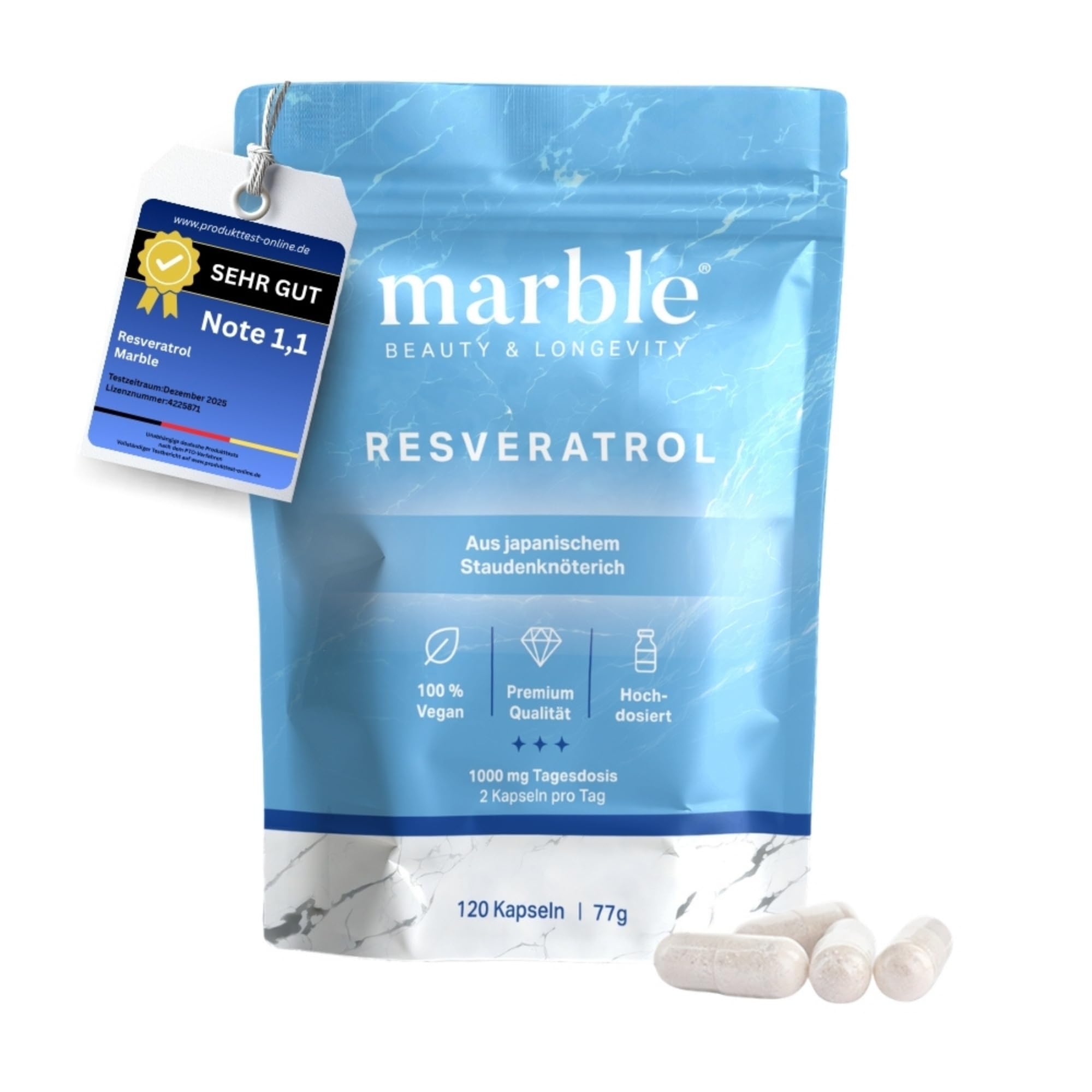 marble® Trans-Resveratrol, 1000 mg - vegan - 2 Monatsvorrat, aus Japanischem Staudenknöterich 100:1 Extrakt + Piperin, laborgeprüft, Made in Germany - 30 Tage risikofrei testen