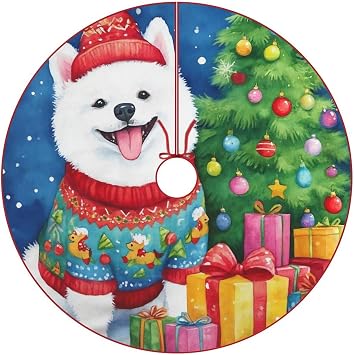 Christmas Dog Christmas Tree Skirt White Eskimo Dog Wear A Red Hat Tree Skirts Party Indoor Outdoor Decor 48"x48"