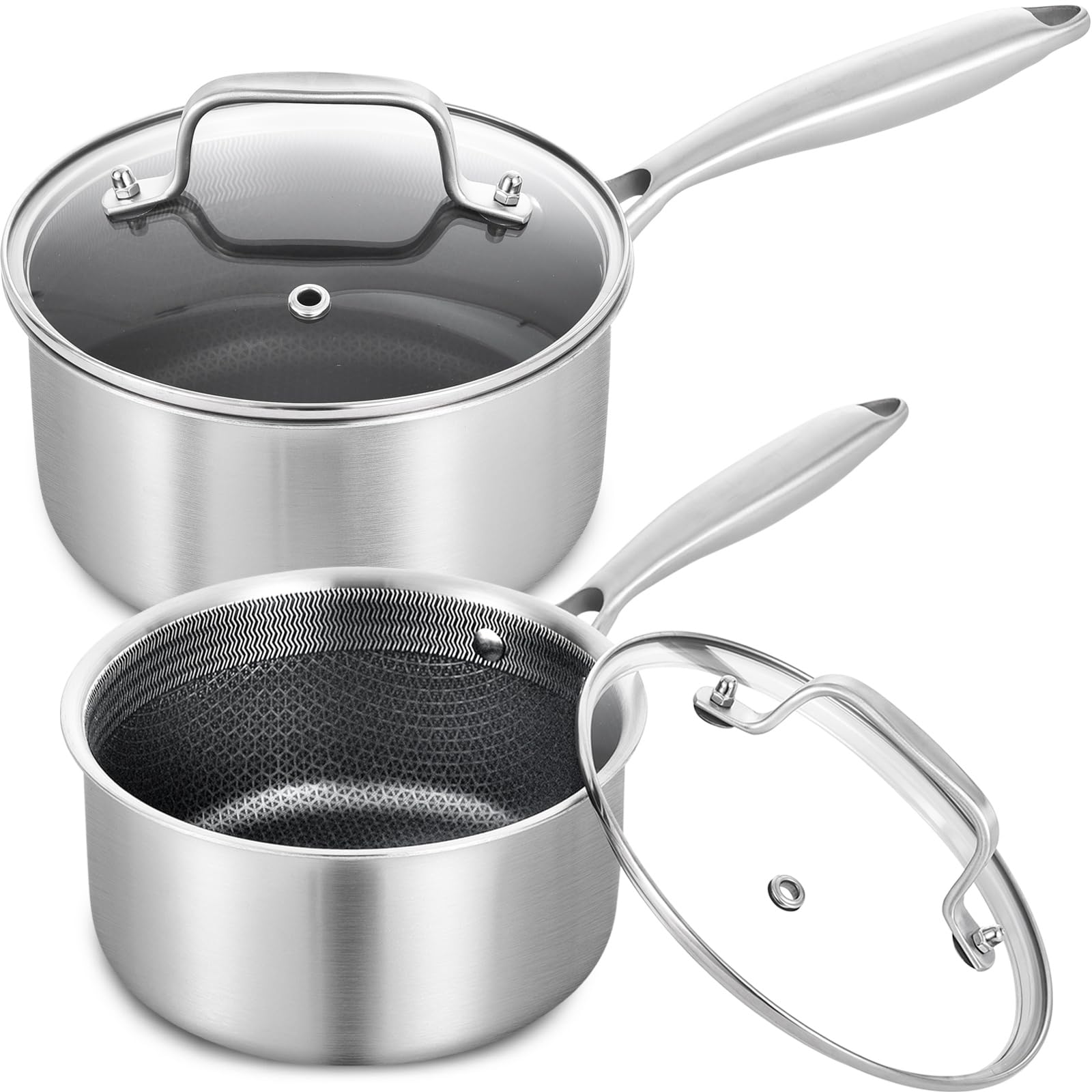 LOLYKITCH Edelstahl Kochtopf Topfset 16+18cm mit Deckel, Kochtopf Induktion | Antihaft Stielkasserolle, Hitzebeständiger Griff, Kochtöpfe für Alle Herdarten, Ofen- und Spülmaschinengeeignet, PFOA-frei
