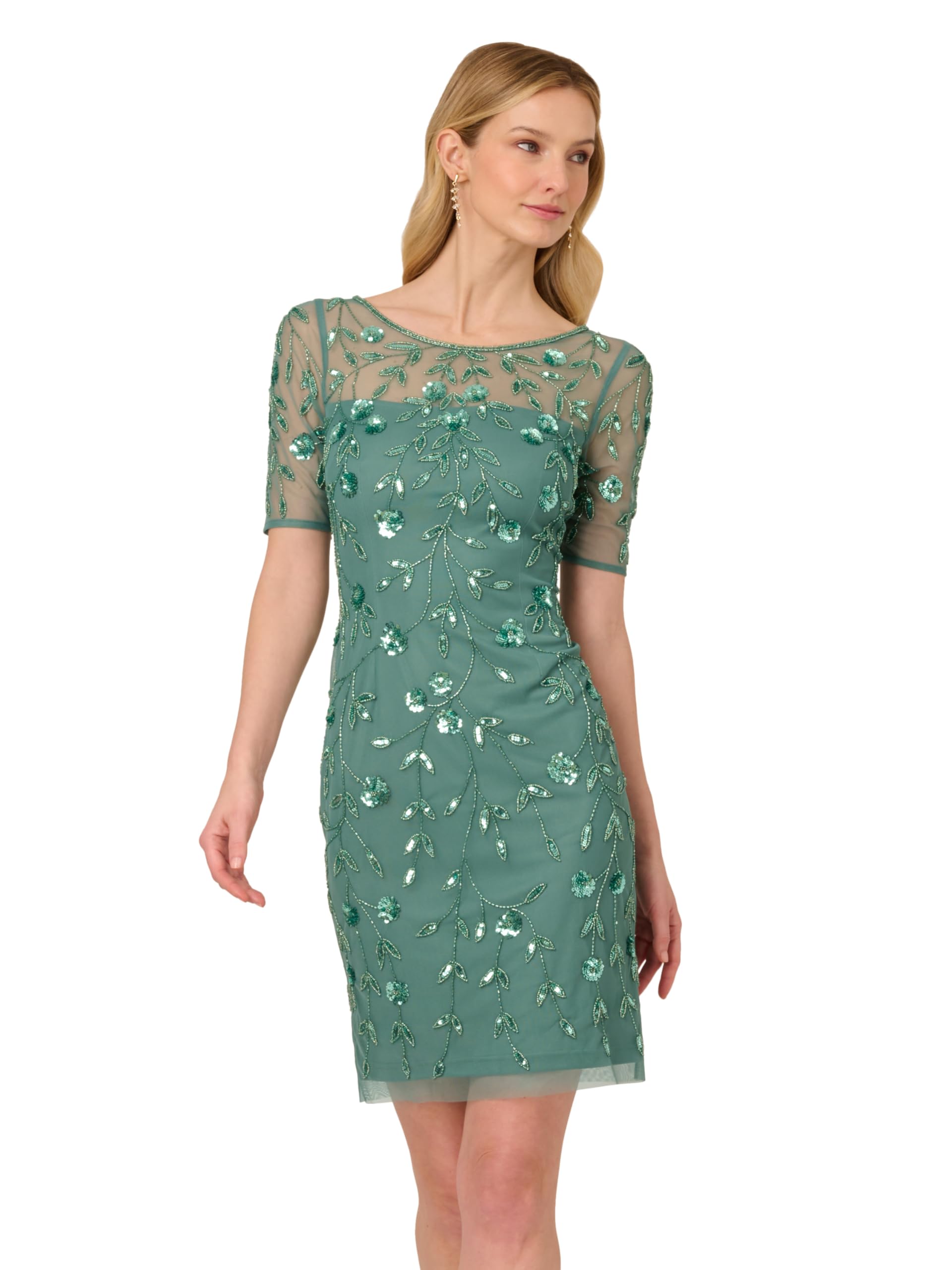 Adrianna Papell Women's Beaded Floral Short Dress, Green Slate, 10