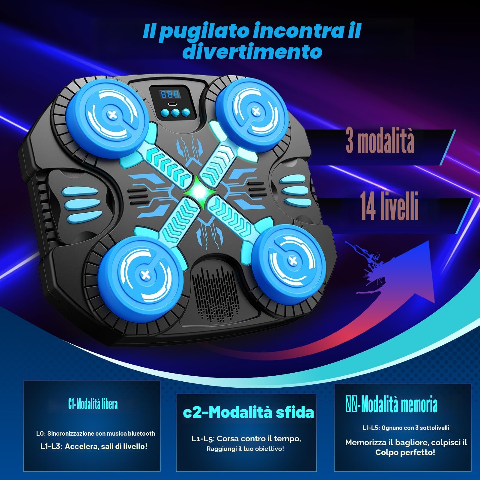 Musical Boxing Machine per Bambini con Guantoni, Bluetooth - 3 Modalità di Gioco Interattive - Sacco da Boxe a Parete con Display LED - Giochi Bambini 3-12 Anni, Regalo Natale per Ragazzi