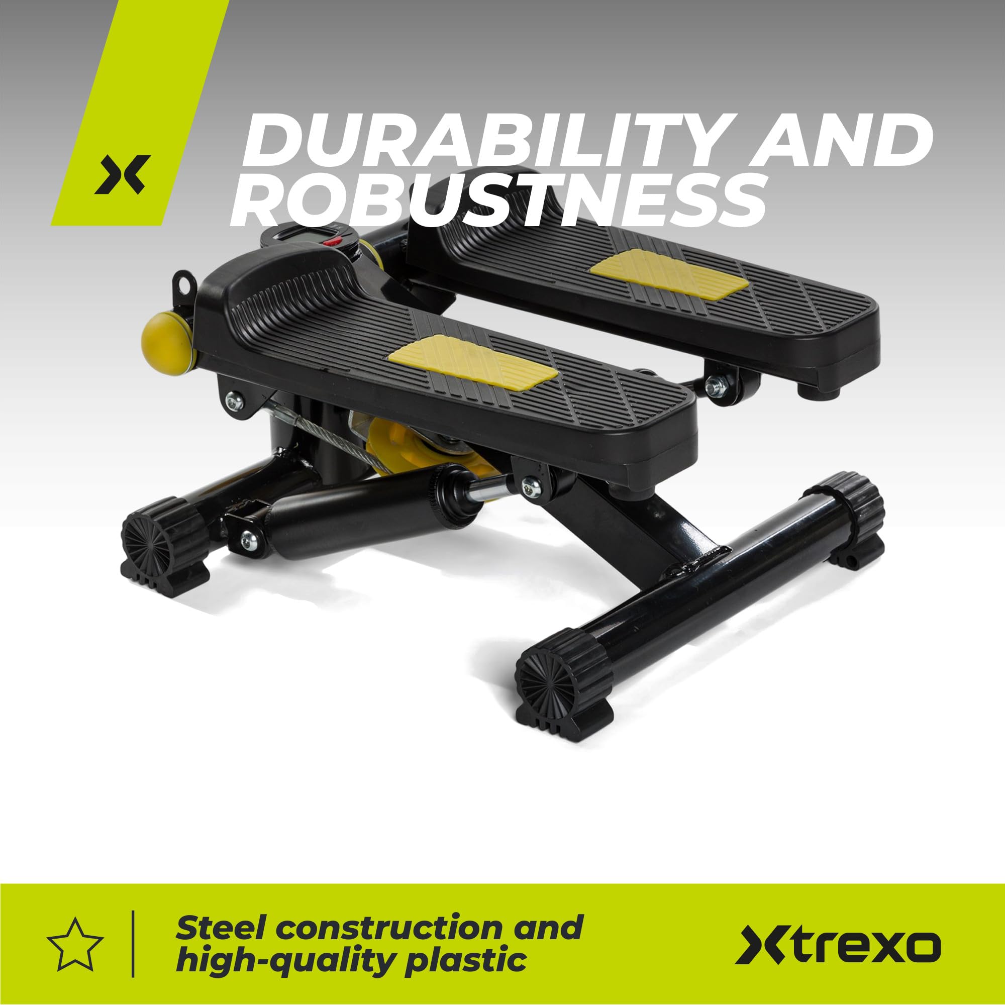 TREXO Stepper para Entrenamiento en casa Fitness Cardio Altura de los Pedales y Resistencia Ajustables Pantalla Fácil de Leer Cables Resistentes Capacidad de Carga hasta 100 kg Negro/Amarillo