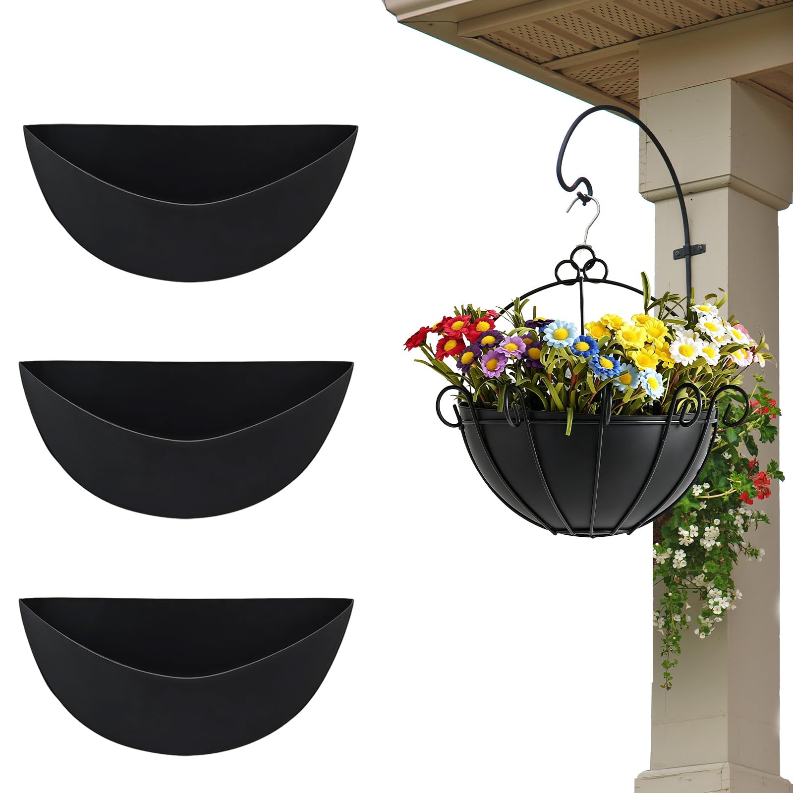 XQMMGO 3 Pack 12 Inch Half Round Wall Basket Liners, Black Felt Planter Liner Replacement, Reusable Coco Fiber Alternative for Outdoor Garden Hanging Baskets, Fence Pots & Window Boxes（16 Inch）
