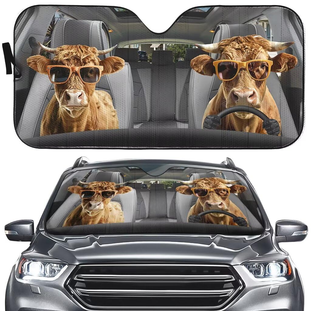 Personalized Cow Driving Car Front Window Sun Visor - 57x27.5 Inches Foldable Front Windshield Sun Shade Blocks UV Rays Keep Your Vehicle Cool Fit Most Cars SUV Trucks