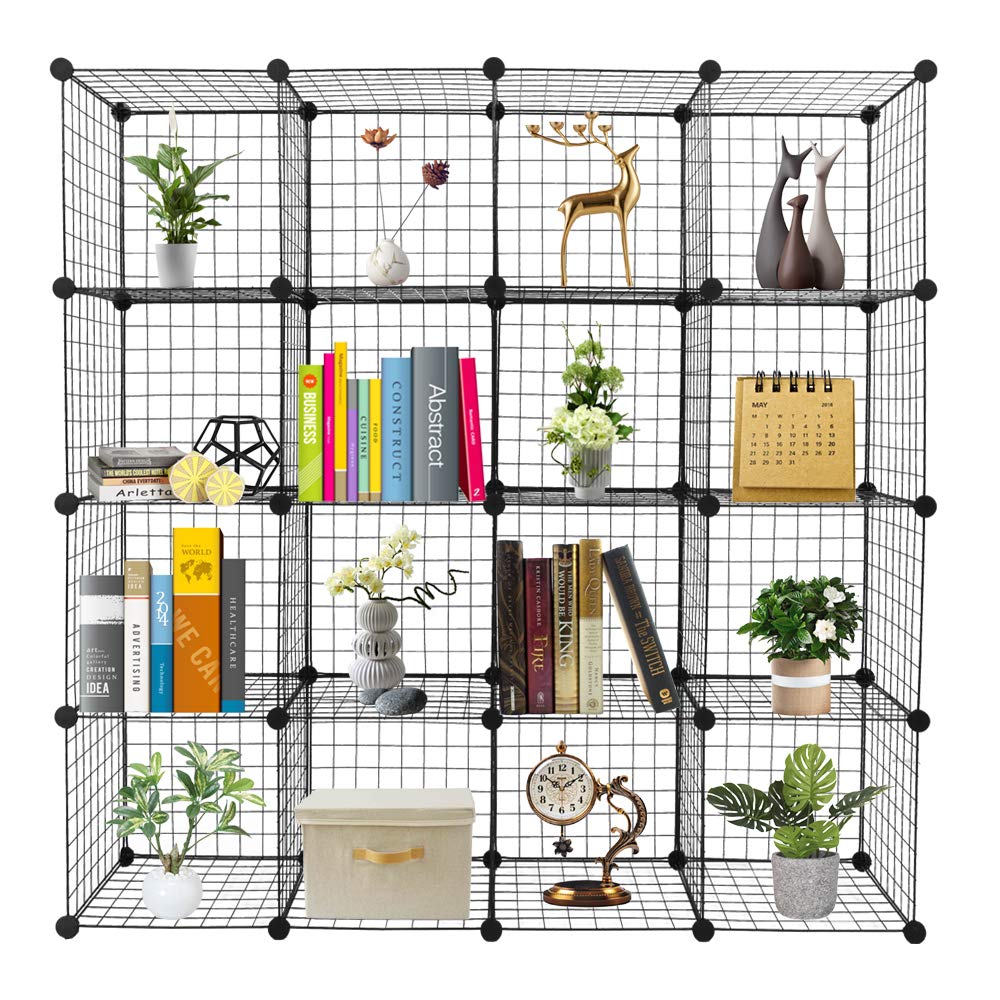 NALLBEIRRAA 16 Cube Storage Organizer, Closet Storage Shelves with DIY Closet Cabinet Bookshelf Iron Square Organizer Shelving for Home, Office, Bedroom (Black-16 Cube)