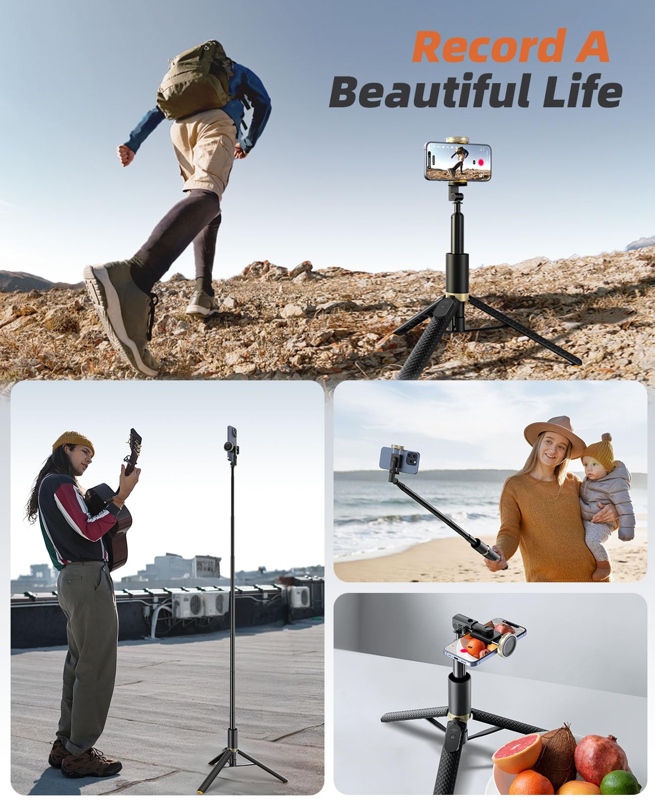Phone Tripod & Selfie Stick with Remote, Portable, Lightweight for Video Recording Vlog, Extendable Travel Tripod Stand Compatible with iPhone Android, Black, 62"