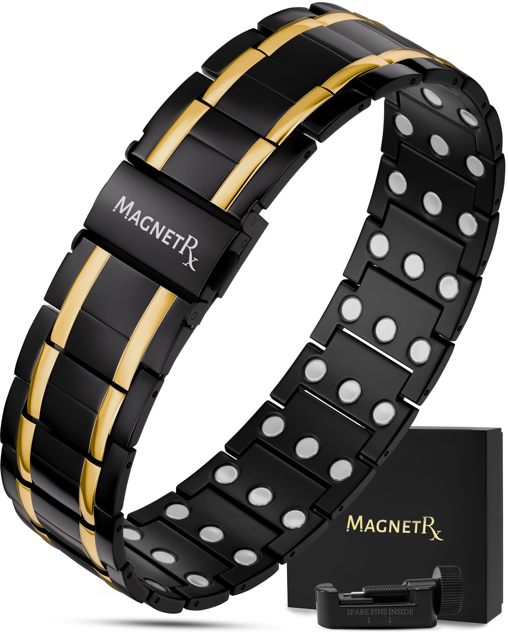 3X Strength Magnetic Bracelets for Men - Effective Titanium Magnetic Bracelet Men - Premium Fold-over Clasp & Adjustable Length with Sizing Tool & Gift Box (Black/Gold)