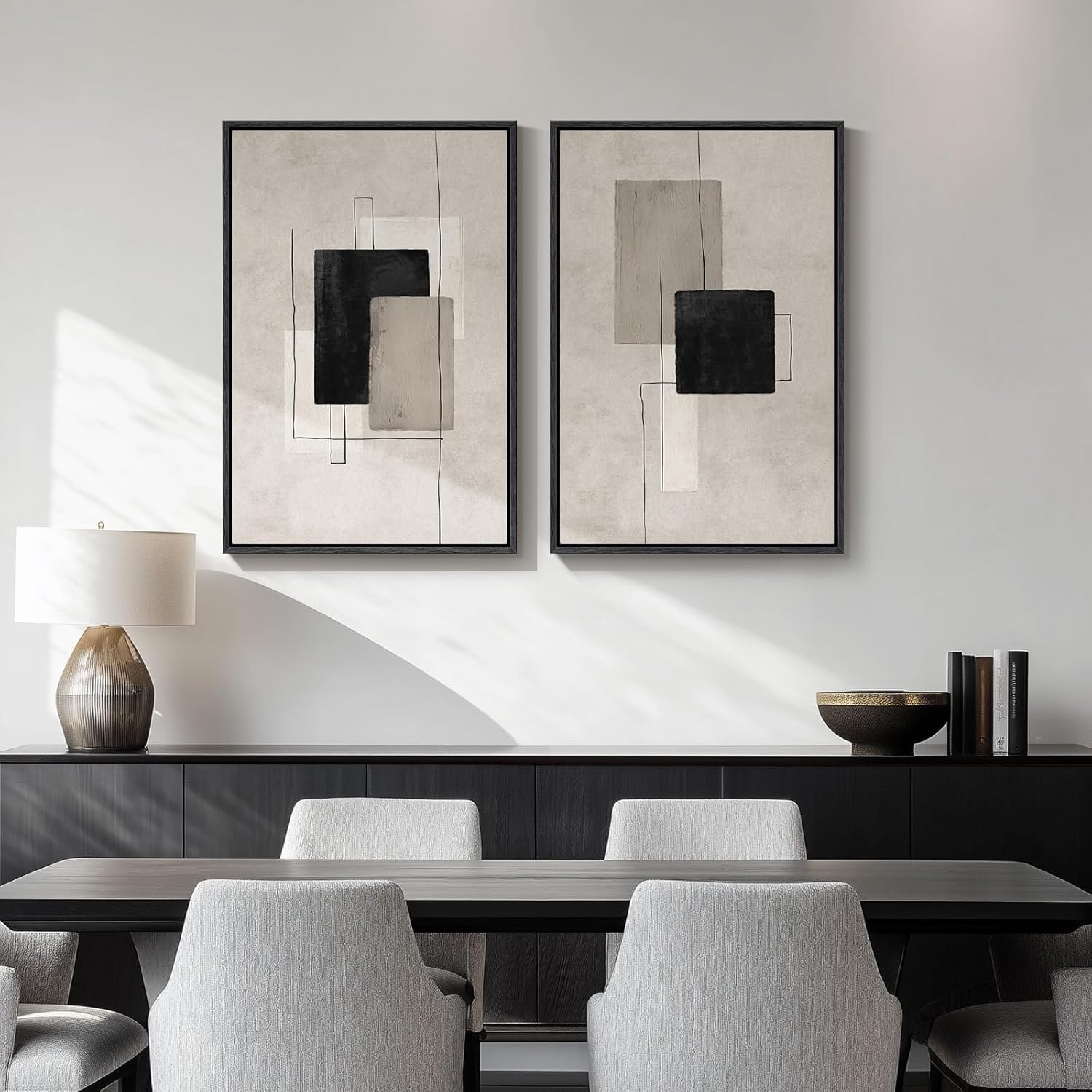 lianyibo Cuadros abstractos grandes en tonos neutros modernos minimalistas con líneas en bloque en negro y beige decoración del hogar (60x80cm x 2/sin marco)