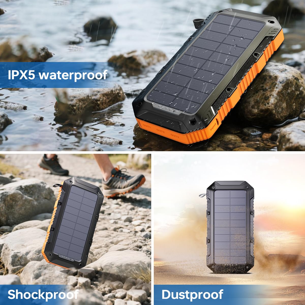 Cargador Solar 20000mAh con 4 Cables Integrados y 3 Puertos USB, Bateria portatil Solar Agua IP67, Carga Rápida QC 3.0, Powerbank Solar para Camping, Senderismo y Viajes