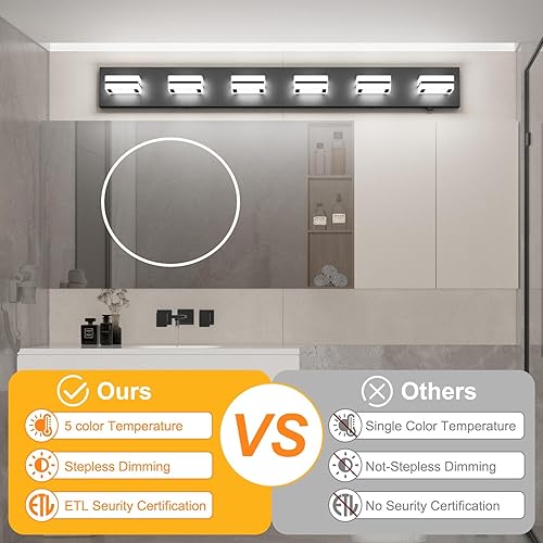 Miniatura 4 de Ralbay Luces de tocador de baño negras con 5 temperaturas de color, regulables, 40.4 pulgadas, acrílico, moderno, mate, negro, para baño, 6 luces