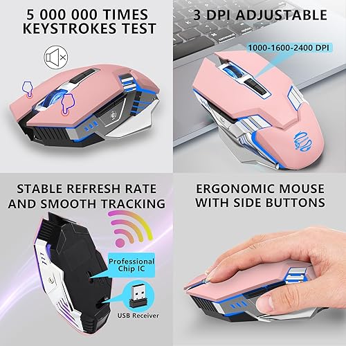 Miniatura 6 de Ratón inalámbrico Bluetooth, mouse multidispositivo recargable silencioso, BT5.03.0 y USB inalámbrico, ratones de computadora con luz RGB para