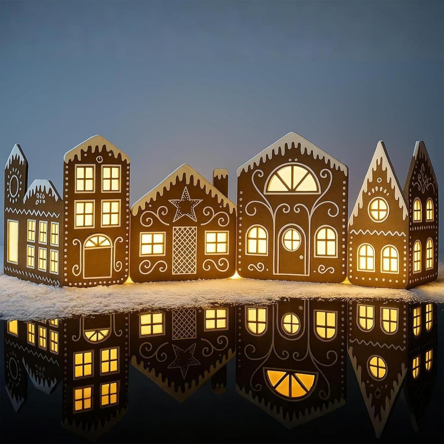 Lumoza Cardboard Christmas Village, Wooden Gingerbread House, 2026 New DIY Foldable Christmas Gingerbread House Cardboard Kit with Led Lights, Gingerbread Village Magic (4PCS)