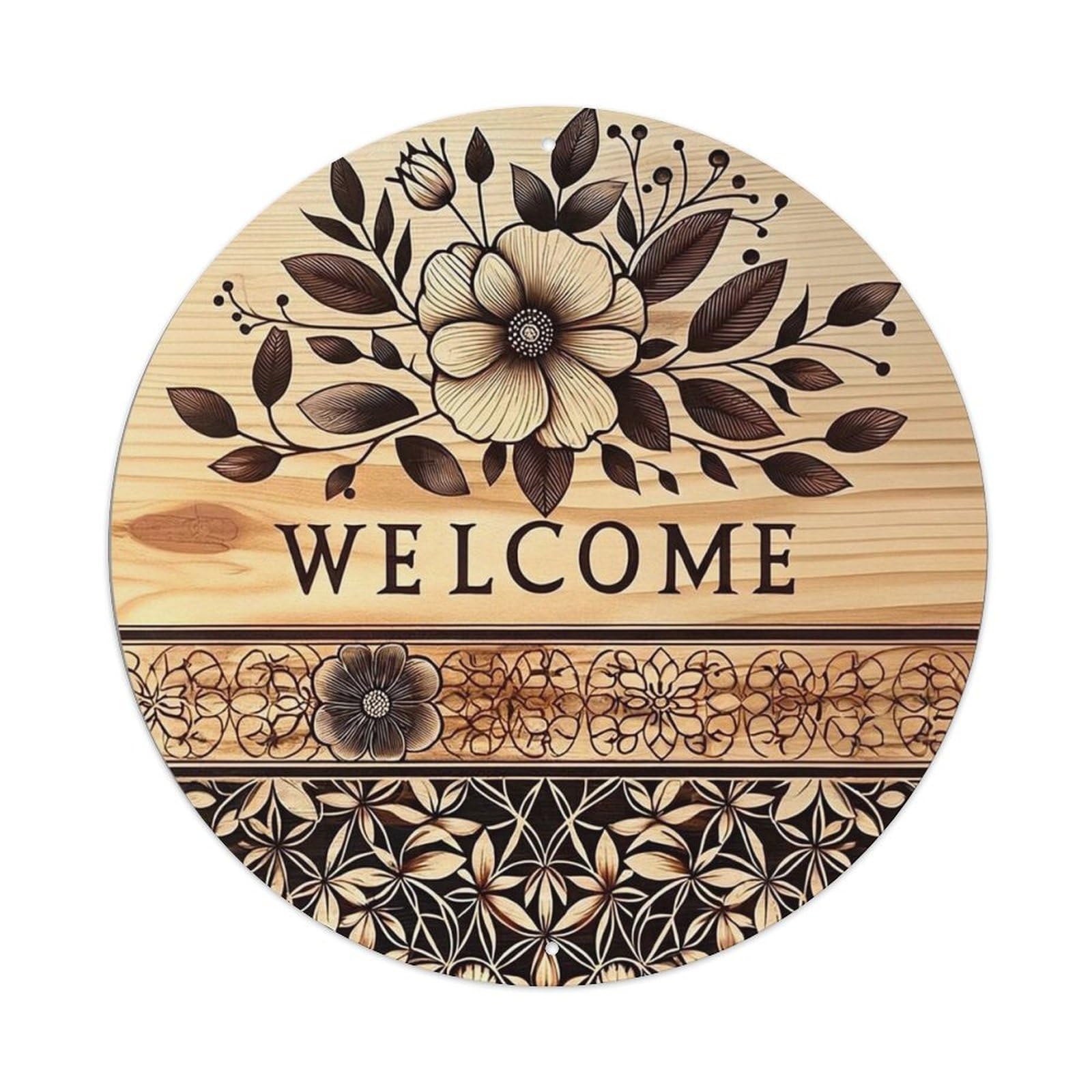 Floral Wood Carving Pattern Design Round Metal Tin Sign Vintage Wall Decor, Bar Garage Cafe Kitchen Home Wall Art Poster 8x8inches