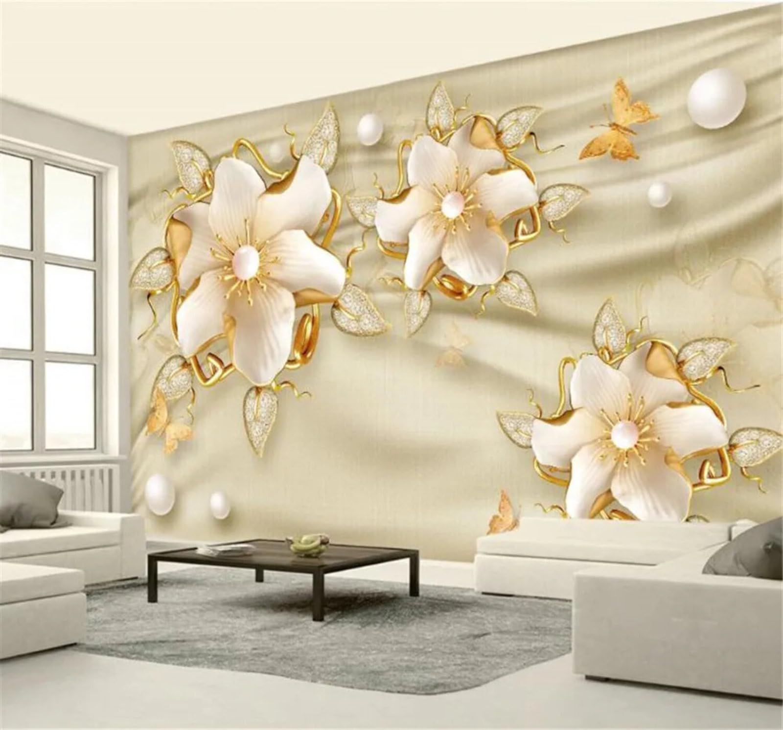Tzxztt Luxury Gold Jewellery Flowers Silk Modern 3D Wallpaper Premium Textured Silk Neutral Tones Material Ideal for Living Room Bedroom-350cm×256cm
