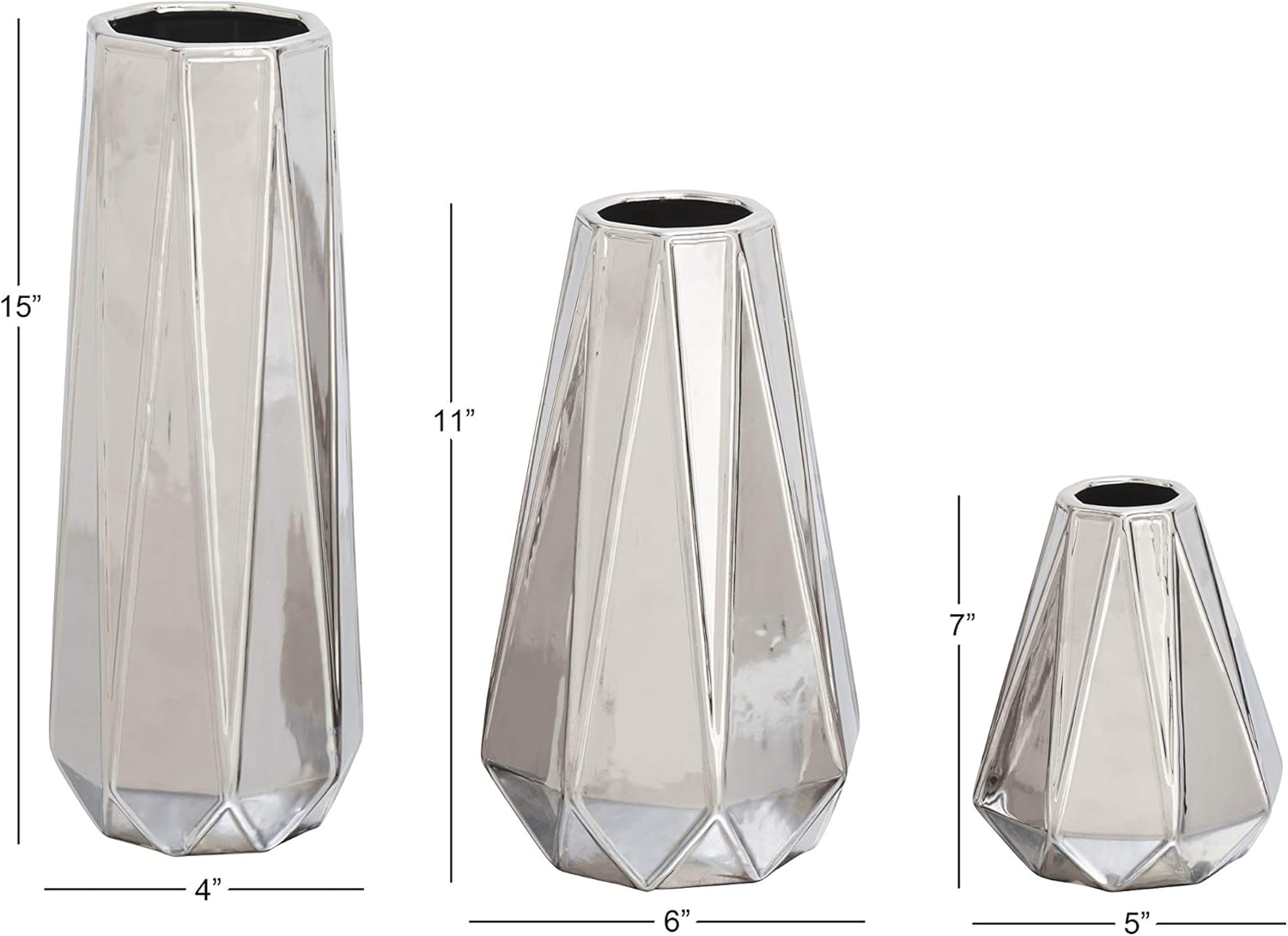 CosmoLiving by Cosmopolitan Ceramic Geometric Decorative Vase Faceted Centerpiece Vases, Set of 3 Flower Vases for Home Decoration 13", 11", 6"H, Silver