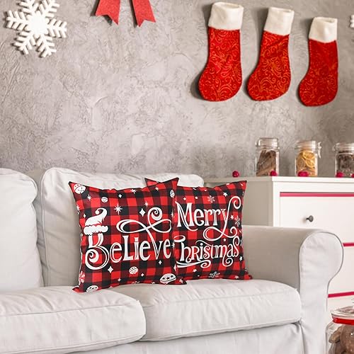 Miniatura 4 de CCINEE Juego de 4 fundas de almohada de Navidad, 17 x 17 pulgadas, fundas de cojín de Navidad a cuadros negros y rojos, fundas de almohada para