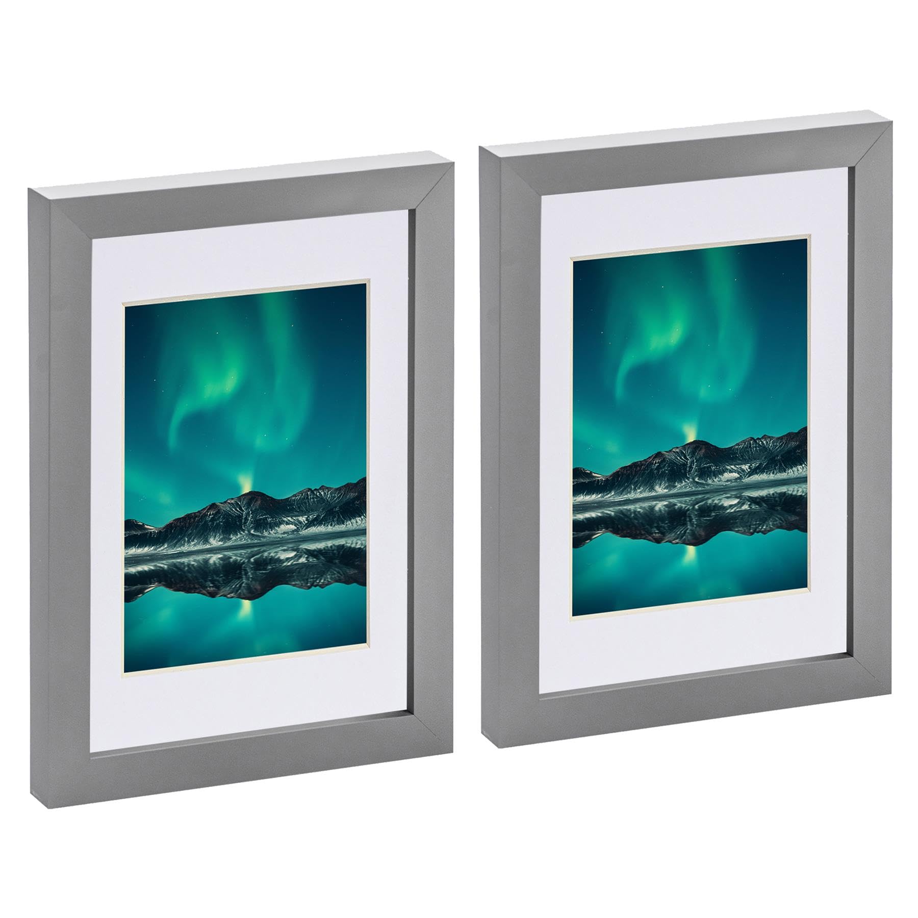 Nicola Spring 2x Grey A5 (6" x 8") Photo Frames with White 4" x 6" Mount - Glass Aperture Home Picture Wall Hanging Landscape Portrait Display