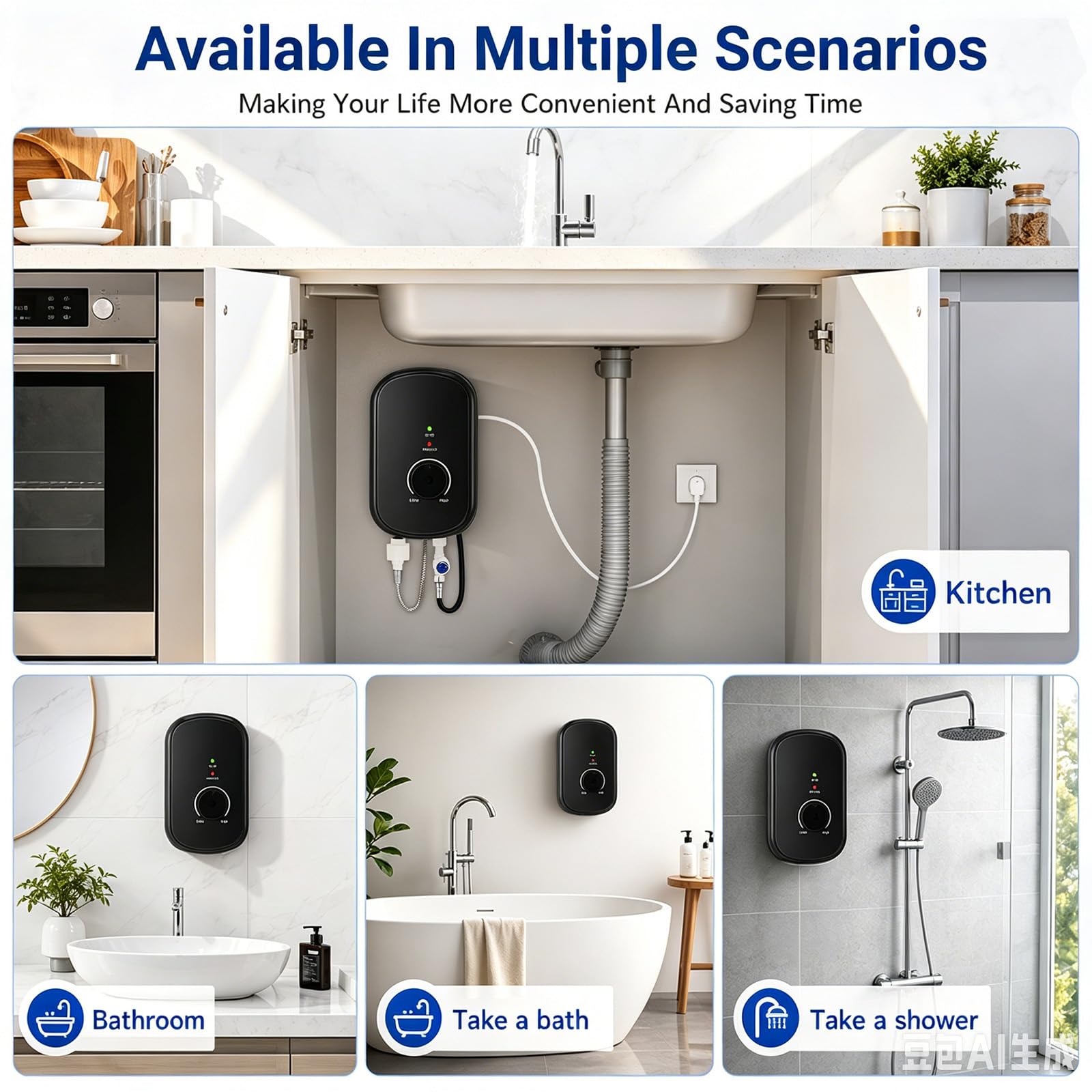 Durchlauferhitzer 5500W 230V, Mini Instant Warmwasserbereiter für Dusche, IPX4 wasserdicht, Elektrischer Untertisch-Wassererhitzer mit LED-Temperaturanzeige 30-52°C für Bad & Küche (Schwarz)