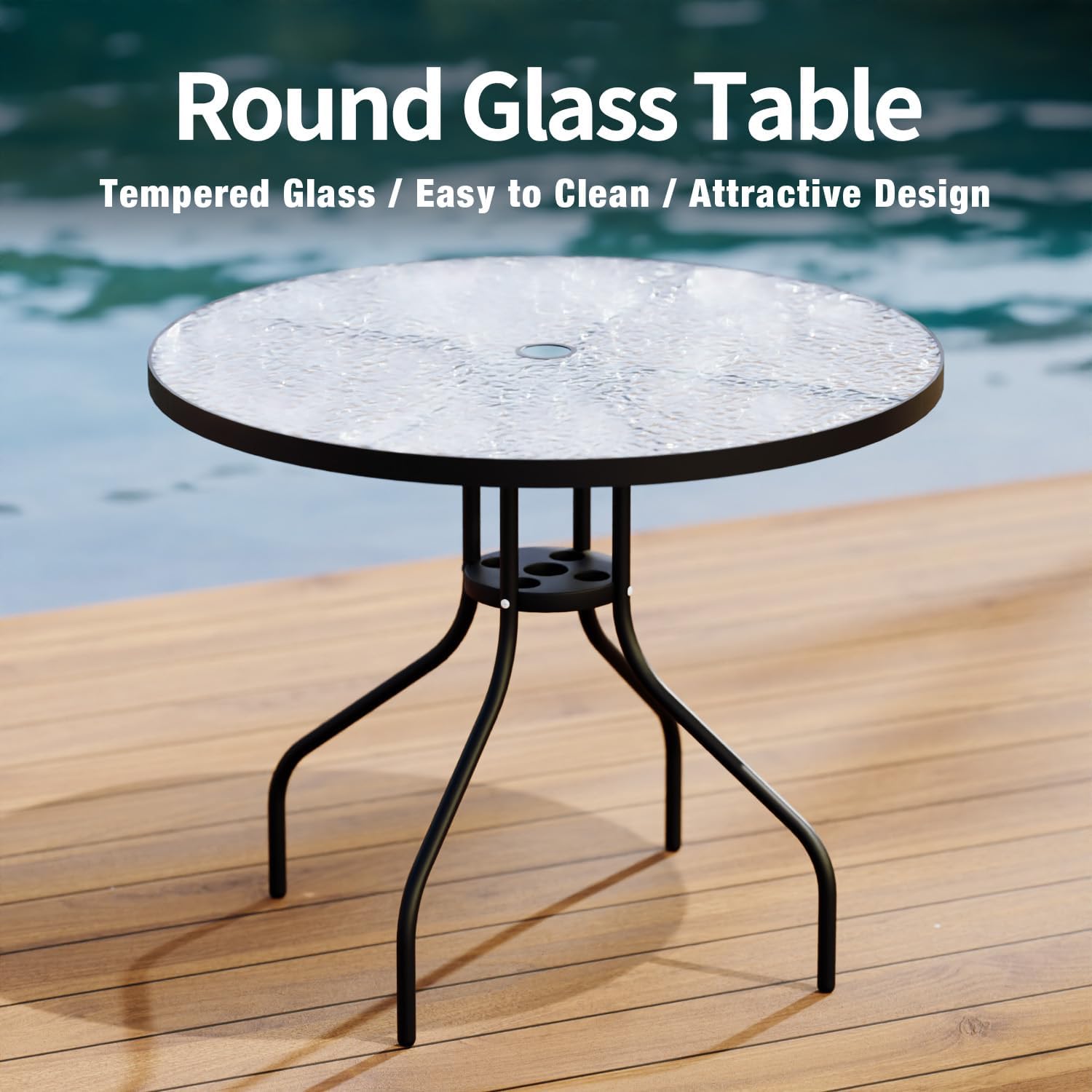 TAVATA Patio Dining Set with Umbrella, Patio Table and Chairs Set with Round Glass Table, 4 Folding Chairs, 6 Piece Outdoor Furniture Sets for Garden, Lawn, Backyard, Deck (Black)