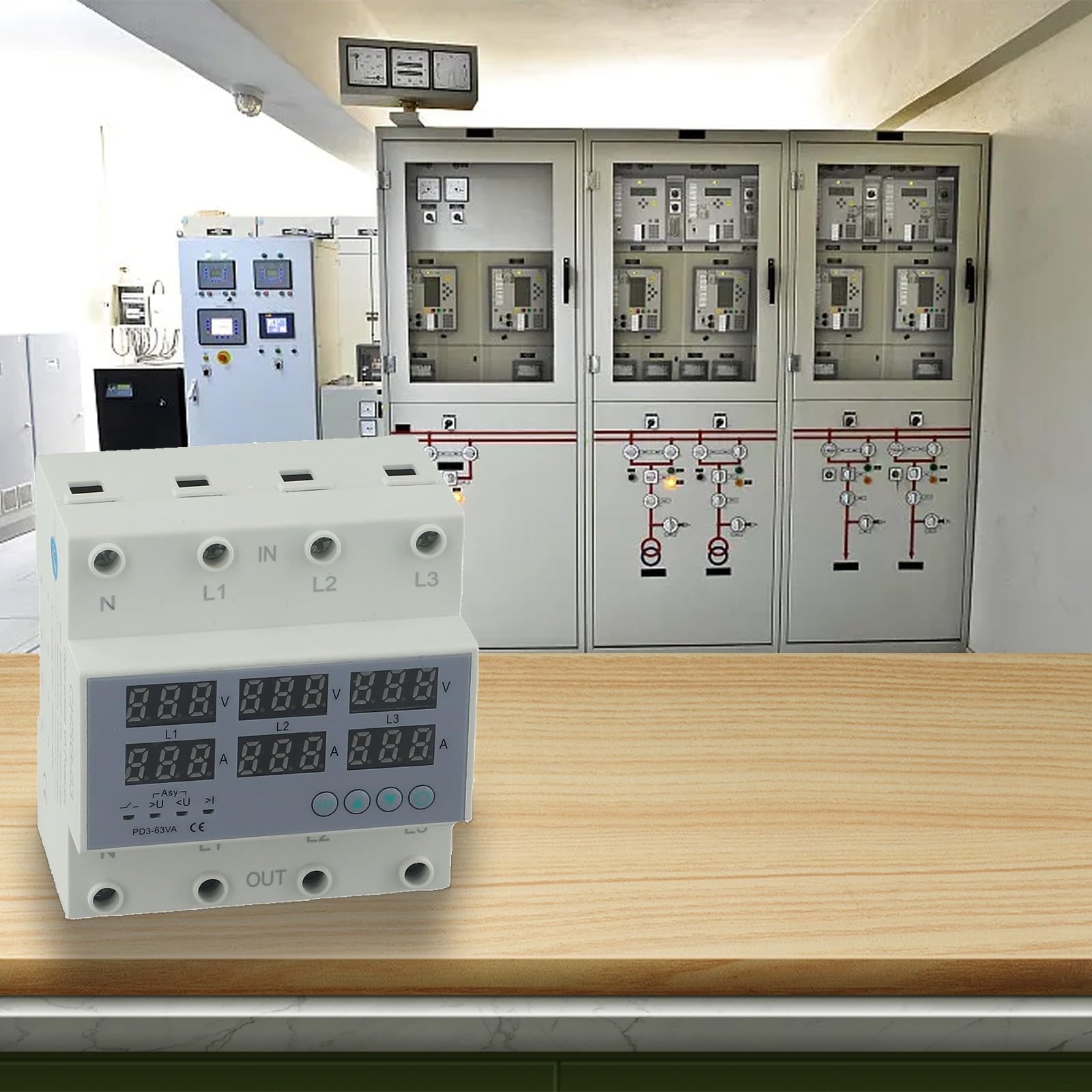 Relé digital trifásico de sobretensión y bajo voltaje con limitador de corriente, interruptor de protección ajustable para 380 V/220 V, fusible de riel DIN 63 A con pantalla LCD para industria y
