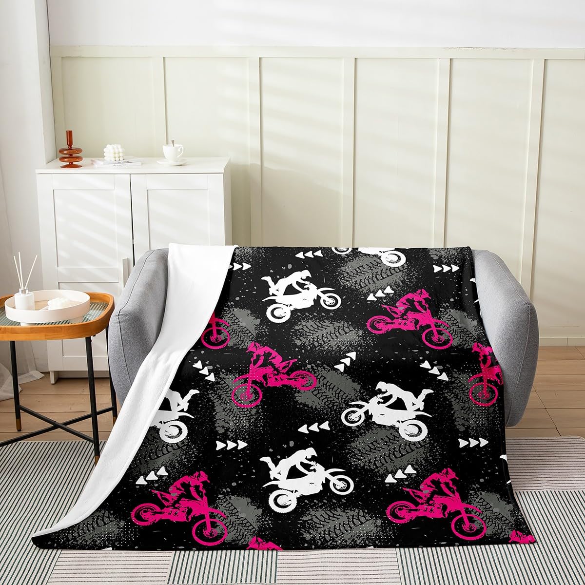 Feelyou Dirt Bike Flannel Fleece Blanket Extreme Sports All Season Bed Blanket for Kids Boys Girls Motocross Rider Plush Throw Blanket Pink Motorcycle