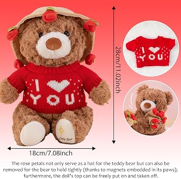 Teddy Bear for Girlfriend, Romantic 28cm I Love You Teddy Stuffed Animal Plushies with Removable Rose Hat, Valentines Day Gifts, Anniversary, Christmas Teddy Bear Gifts