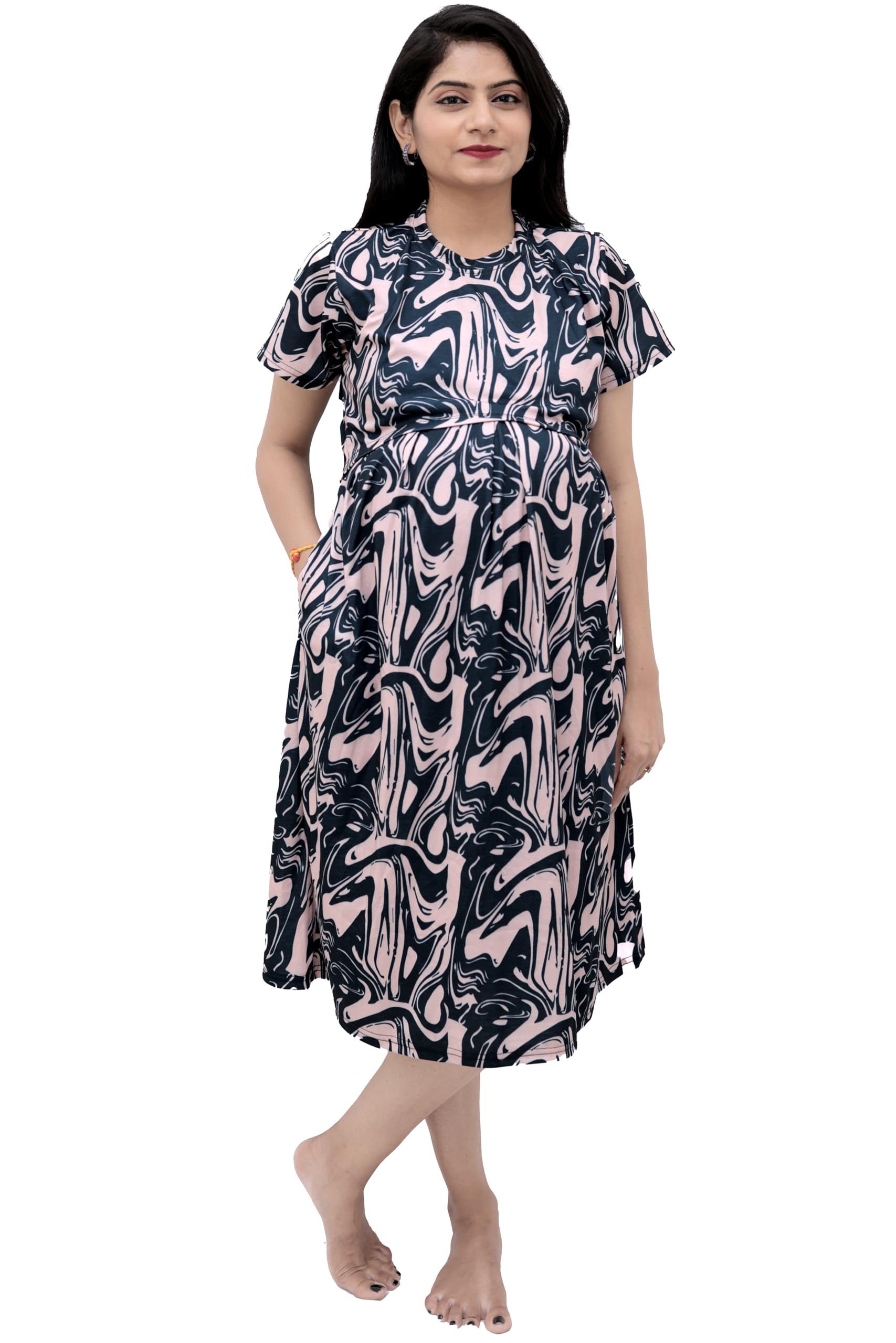 The StarmomZipless Maternity Dress for Women | Knitted Cotton Blend Printed Feeding Dress for Easy Nursing & Pregnancy | Maternity Wear for Women with Comfortable Fit & Stylish Design