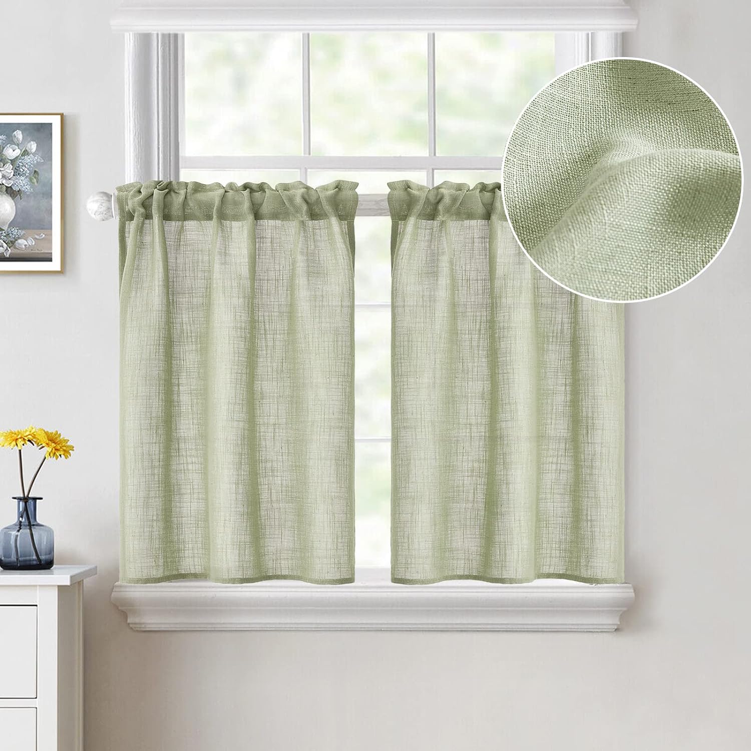MIULEE Semi Sheer Kitchen Curtains - 2 Panels 29x36 Inches Beige Linen Textured Cafe Curtains