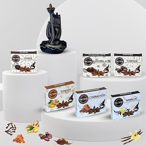 Miniatura 6 de Trumiri Conos de incienso gourmet de reflujo  Paquete variado  Total 60 conos de incienso cascada (6 aromas x 10 conos)  Vainilla, canela, café,