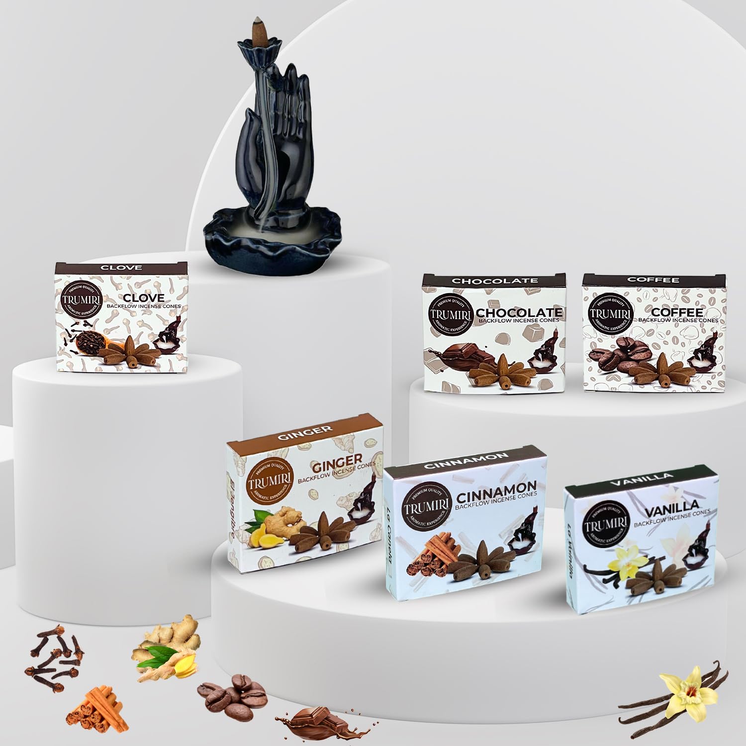 Trumiri Gourmet Rückfluss-Räucherkegel – Sortimentspackung – insgesamt 60 Räucherkegel Wasserfall (6 Düfte x 10 Conos) – Vanille, Zimt, Kaffee, Schokolade, Nelke, Ingwer – Räucherkegel