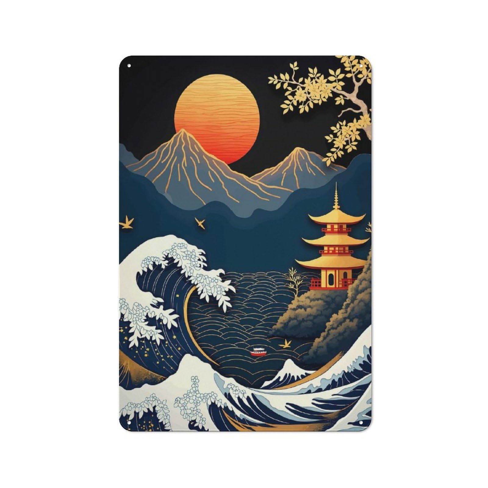 Junmoney Japanese Wave And Pagoda 30X20cm Retro Tin Sign With For Dining Room Or Kitchen, For Metal Sign Collectors, For Garage And Workshop Walls